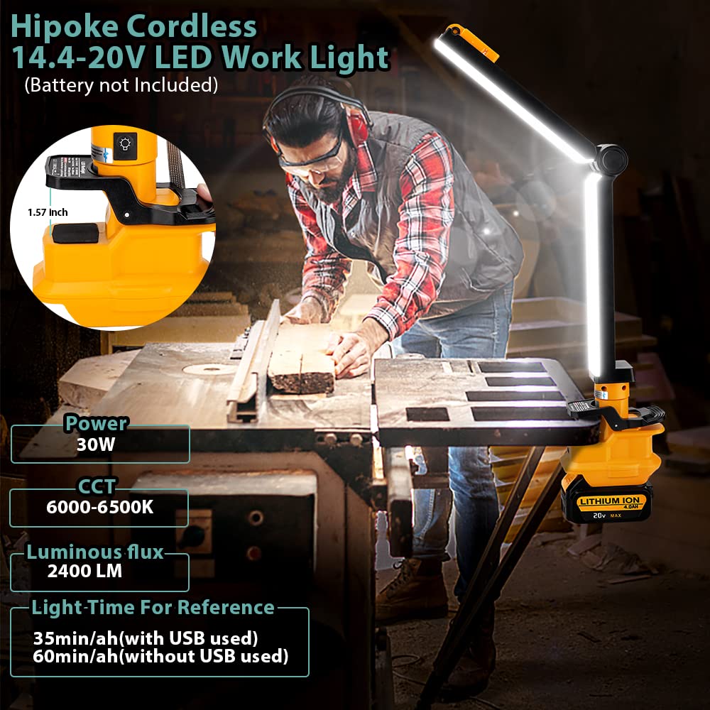 18V Lampe de Travail sans Fil à LED Lampe de Camping Compatible avec Dewalt 18V la Batterie au Lithium Lampe Clip avec Port USB pour l'entretien Automobile Éclairage de Grenier de Camping
