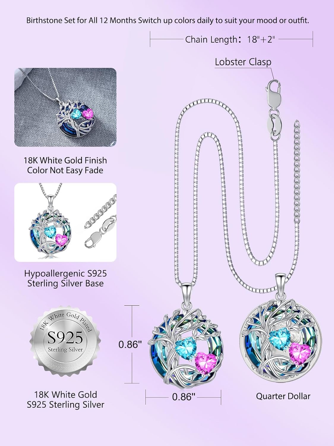 TOUPOP s925 Sterling Silver Family Celtic Tree of Life Pendant Necklaces with 2 Heart Birthstone with Blue Austrian Crystal Jewelry Birthday Valentines Day Gifts for Her, Anniversary Christmas Gifts for Wife Girlfriend Mom (18K Real White Gold Filled) - Image 4