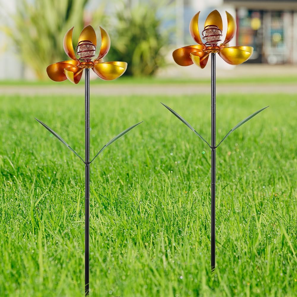Metal Wind Spinners Outdoor,2Pack Yellow Pinwheels for Yard and Garden, Decorative Garden Stakes for Patio,Lawn, Outdoor