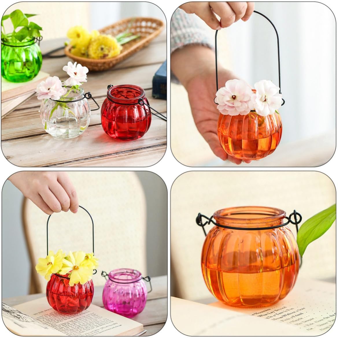 Glass Pumpkin Vase 4pcs with Handle for Hanging Halloween Season image 3