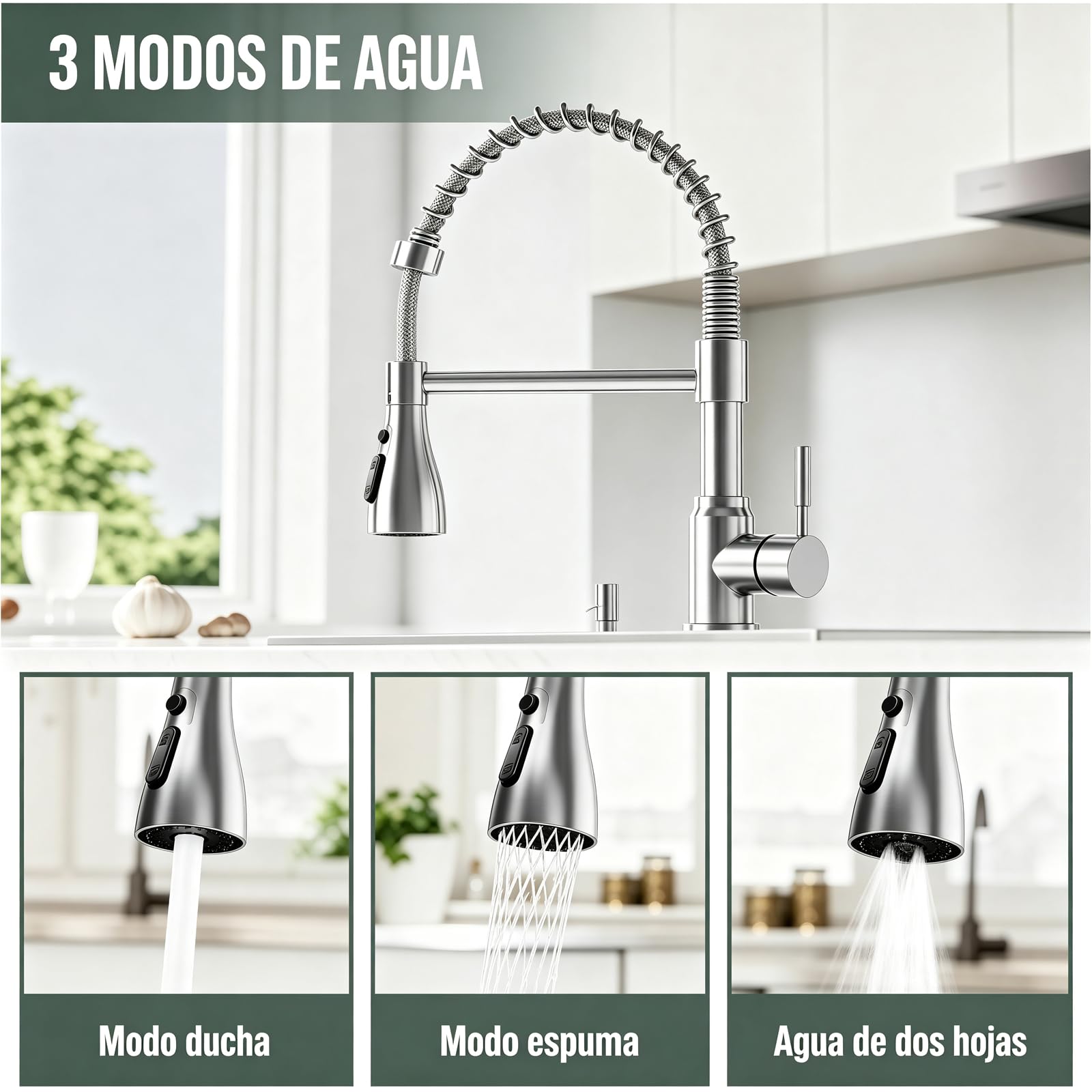 Einhebel-Küchenarmatur aus Edelstahl (Grohe-Style), Hochglanz-Chrom-Oberfläche (Silber) – inkl. Montagezubehör, kompatibel mit britischen Standardanschlüssen (Drahtumwickelt, Silber)