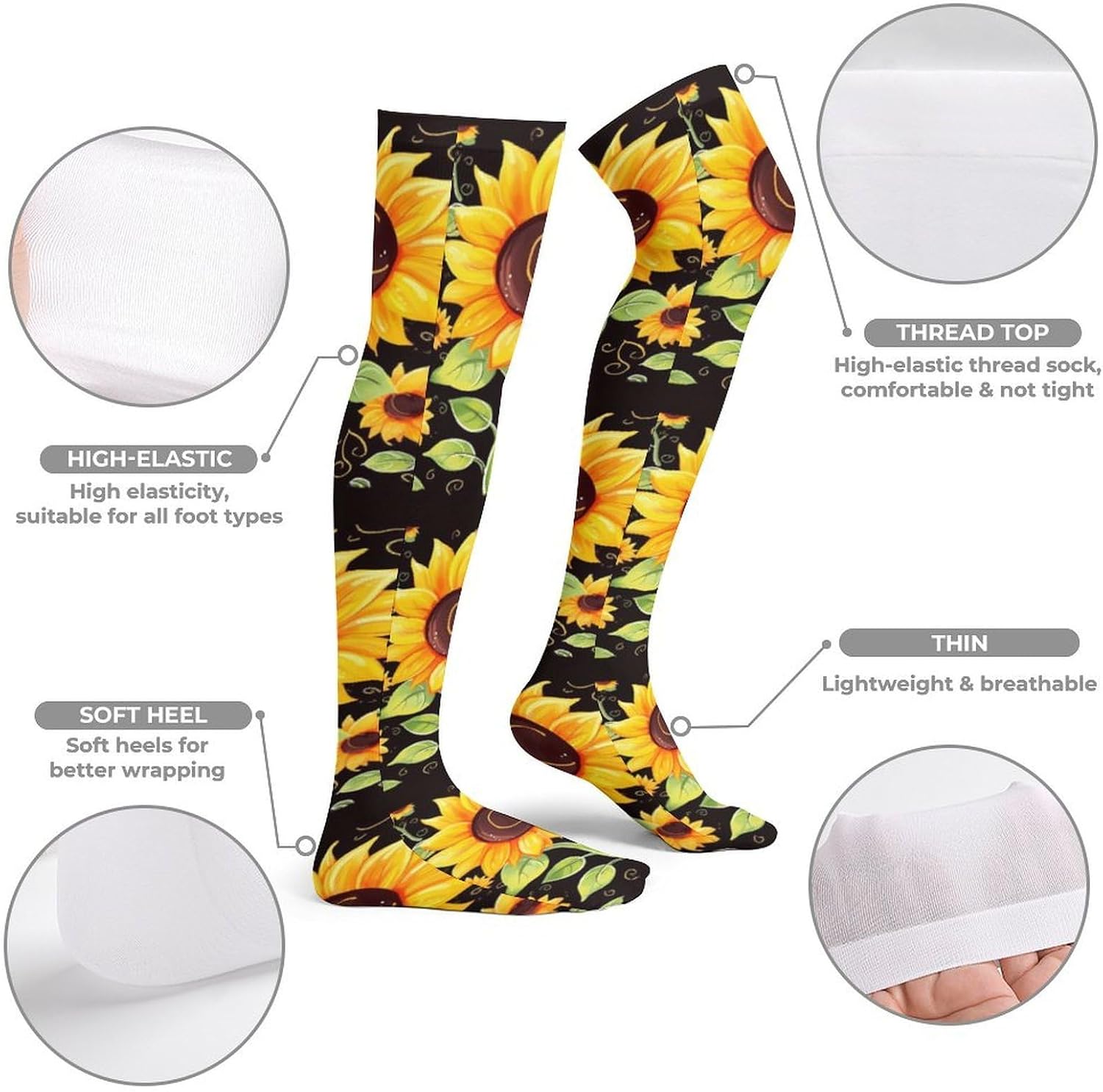 Cute Sunflower Knee High Stockings for Women 23.6" Breathable Thigh High Stockings Over The Knee Socks
