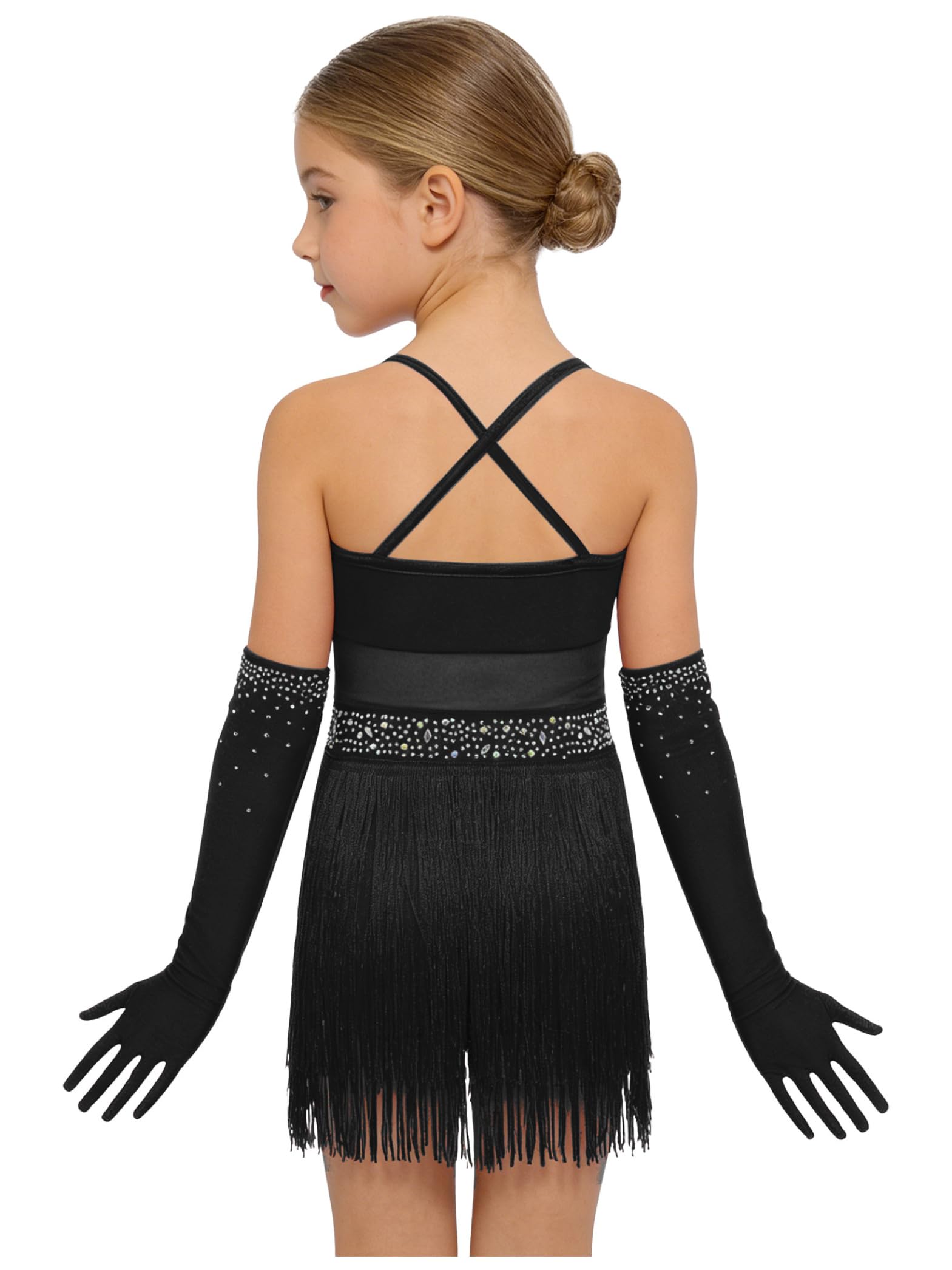 Vestido Baile Latino Niña con Brillo Vestido Charleston con Guantes con Franjilla Brillante Strass Traje Baile Moderno Cha Cha Salsa Y Jazz