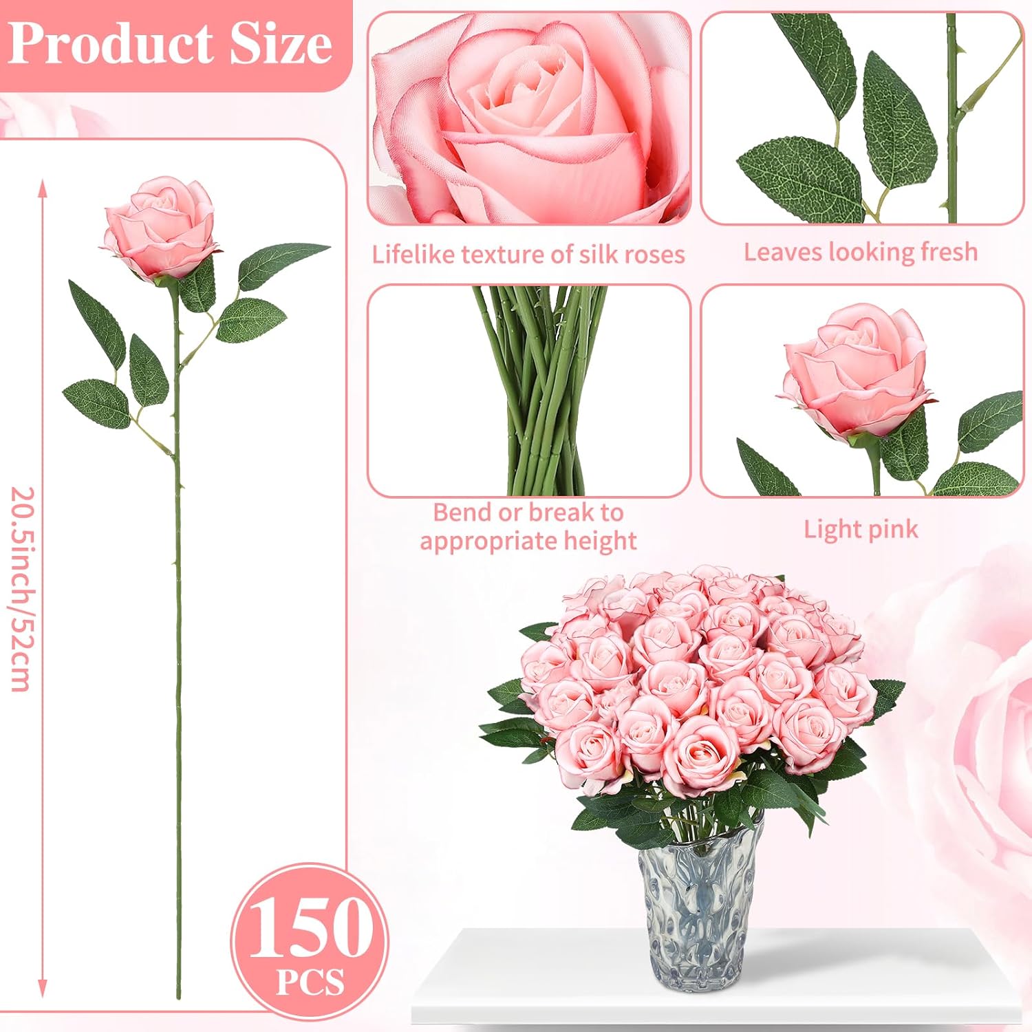 150 Pcs Roses Artificial Flowers, Silk Light Pink Artificial Flowers Petals Long Stem Roses for Wedding Bouquet Home Party Decor - Image 2
