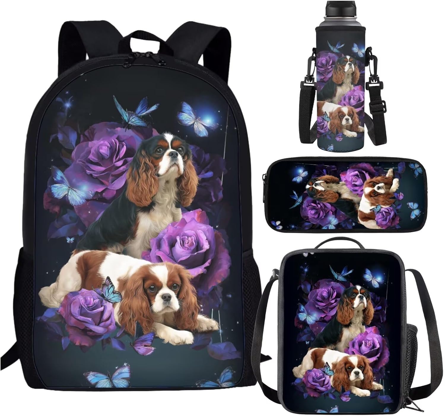 Cavalier King Charles Spaniel Dog Backpack with Lunch Box Kids Girls 6-8 Kids Elementary School Bookbag Lunch Bag Pencil Case Water Bottle Holder Butterfly Rose Back Pack Toodler Back Pack