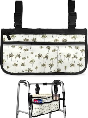 Green Palm Tree Wheelchair Side Bag Walker Bag, Summer Tropical Botanical Leaves Wheelchair Accessories Armrest Pouch, Organizer Storage Bag for Walkers, Rollators, Scooters, 7.3''x13''