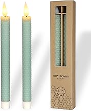 Set of 2 Real Wax LED with Flickering Flame, Electric Candles with Timer, Battery Operated Candles, Honeycomb Look, Eucalyptus Green