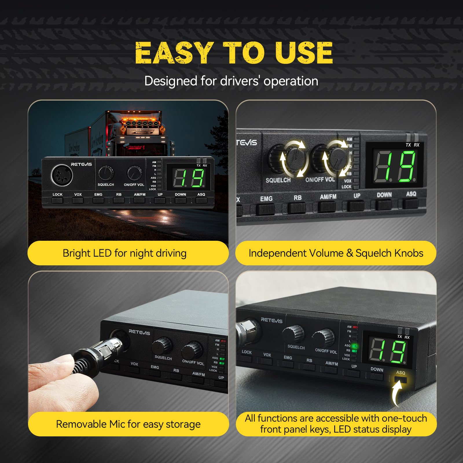 Retevis MB62 CB Radio, CB con Antenna ad Alto Segnale e Altoparlante Esterno, VOX, Riduzione Del Rumore ASQ/SQ, AM/FM, EMG CH9/19, Staffa di Montaggio, Radio Portatile per Camion (1 Pz)