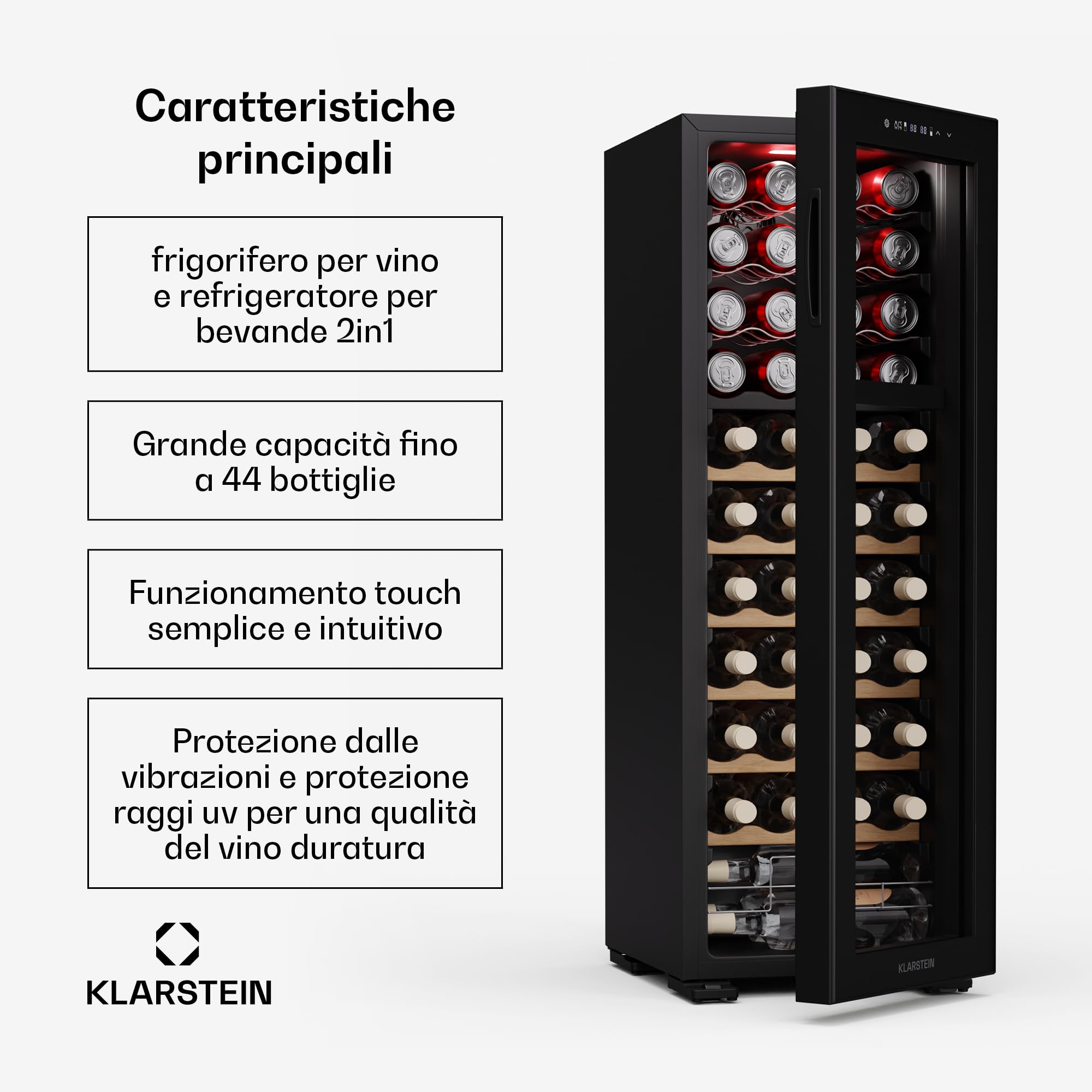 Klarstein Bovella 44 Duo+ - Cantinetta per Vini, 44 Bottiglie, Doppia Temperatura 5-18°C, Touch Control, LED, UV, A Libera Installazione