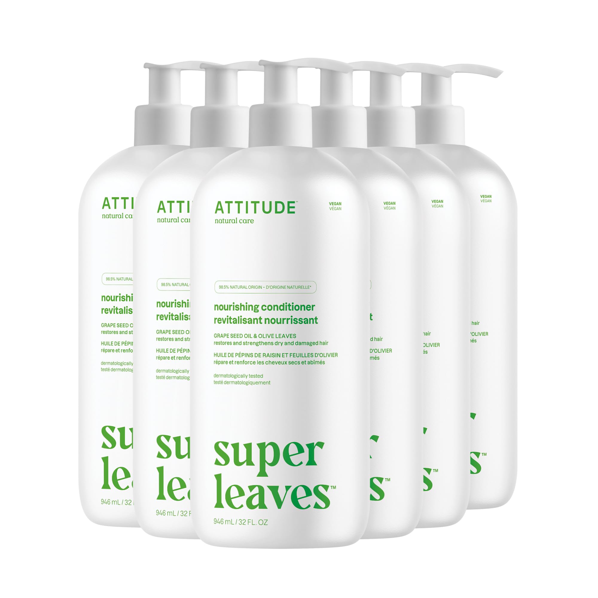 ATTITUDE Nourishing Hair Conditioner, For Dry and Damaged Hair, Naturally Derived Ingredients, Vegan Detangler, Dermatologically Tested, Grapeseed Oil and Olive Leaves, 946 mL (Pack of 6)