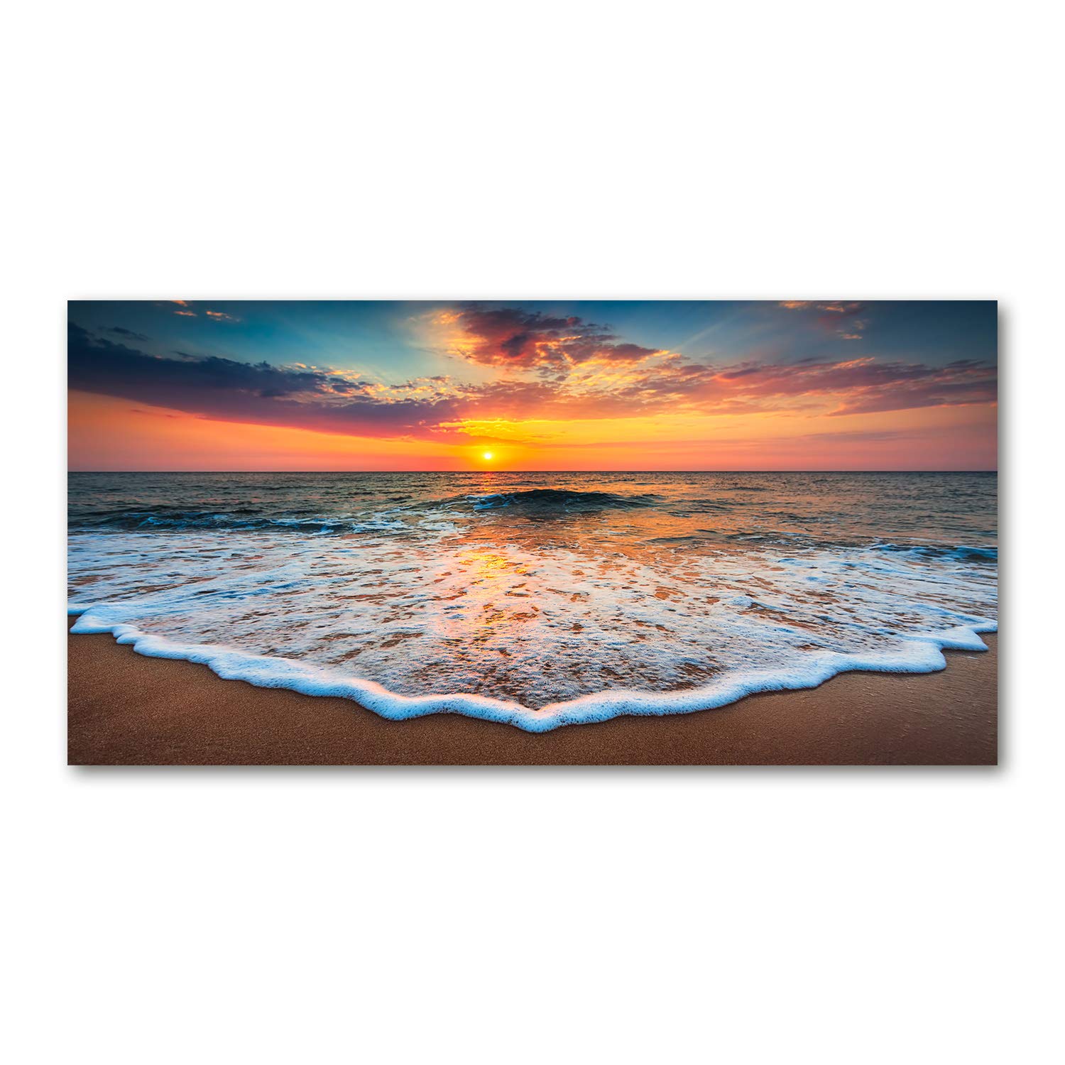 Tulup Orange Glass Picture Wall Art - 100X50cm - Tempered Glass Decoration - Print For Living Room Bedroom - Toughened Glass Image - Glass Picture Wall Art - Sunset By The Sea