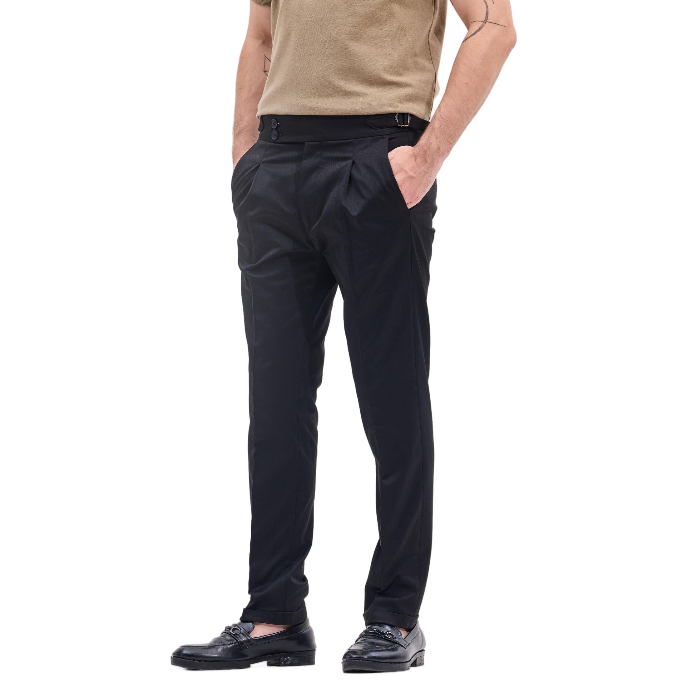 SNITCH Black Gurkha Slim Fit Adjustable Buckle Trousers in black