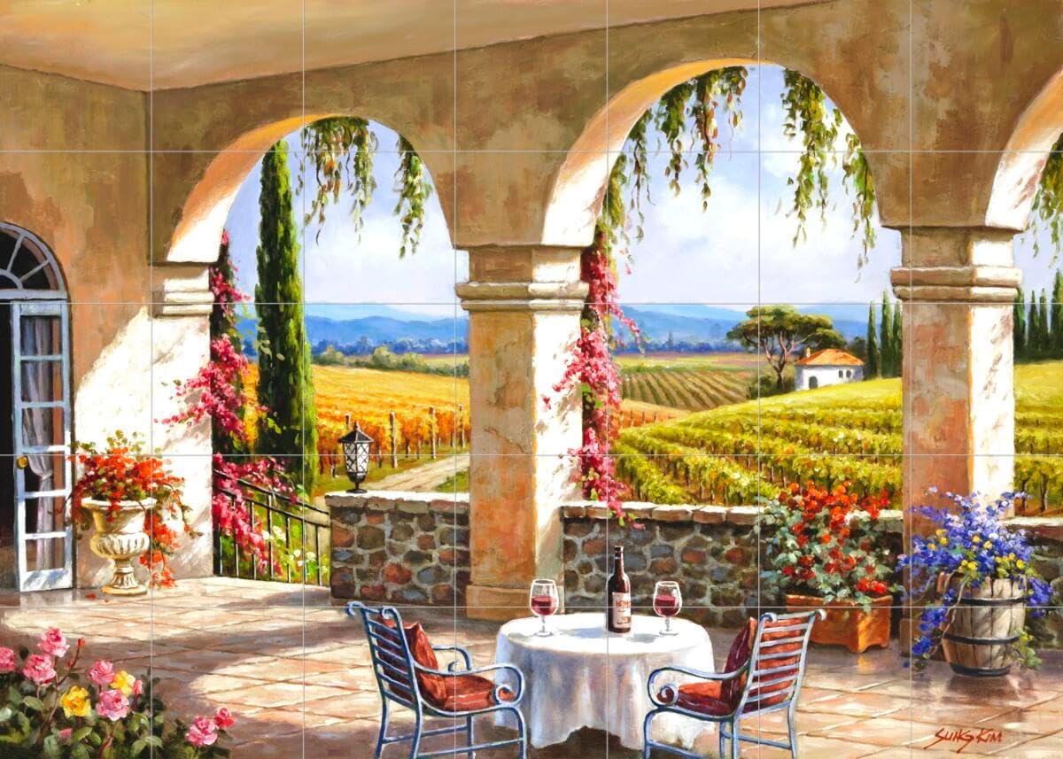 Ceramic Backsplash Tile Mural Tuscany Scene Tuscan Italian Theme Kitchen/Bathroom - Wine Country Terrace - Sung Kim