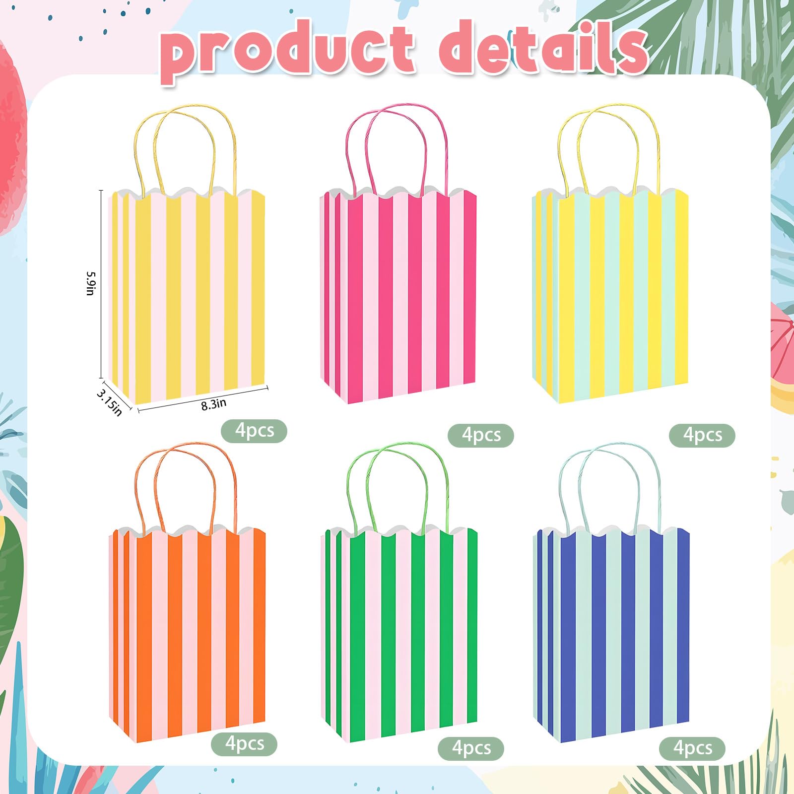 YQUQWN 24Pcs Colorful Stripe Goodie Bags, Scalloped Treat Bags with Handles Summer Gift Bags for Summer Birthday Wedding Party Favors Supplies