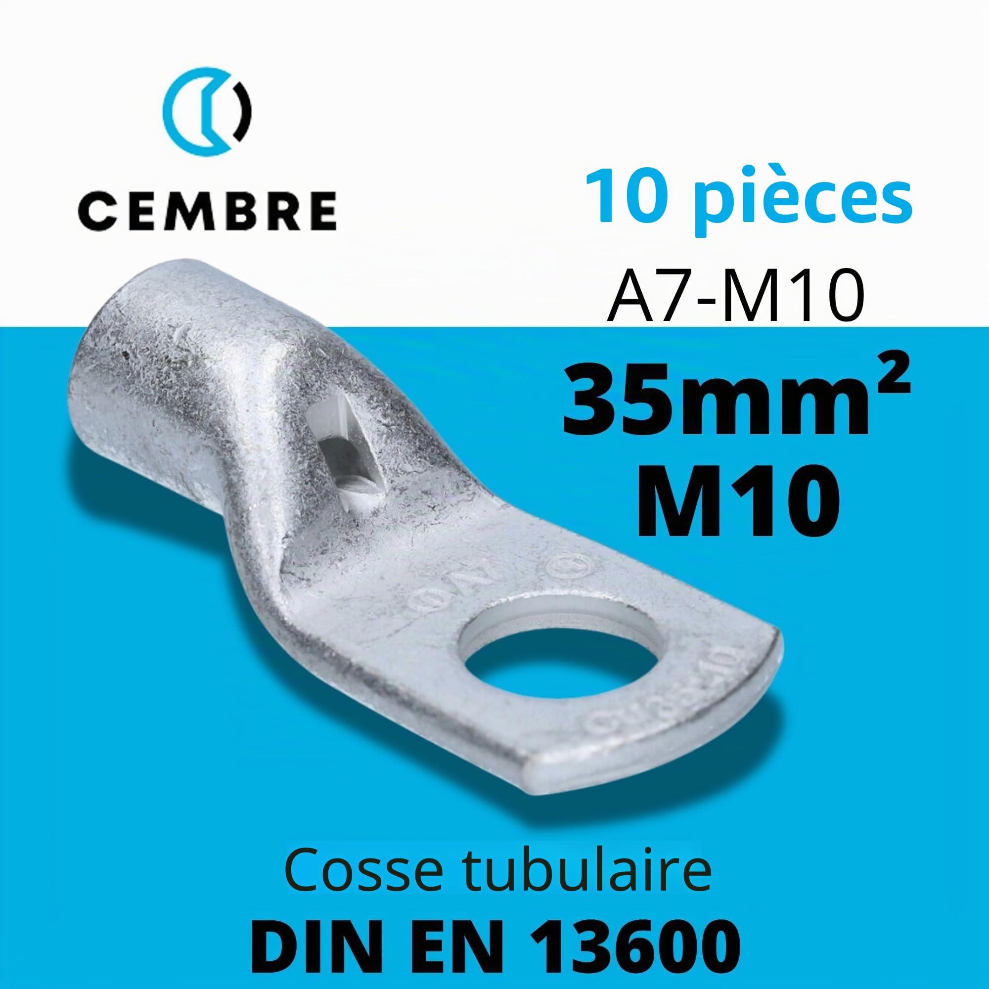 Cembre A7-M10 Lot de 10 Cosses de Câble 35 mm² M10 en Cuivre Étamé | Cosse à anneau non isolée pour batterie et automobile, connecteur tubulaire à sertir pour raccordement électrique stable