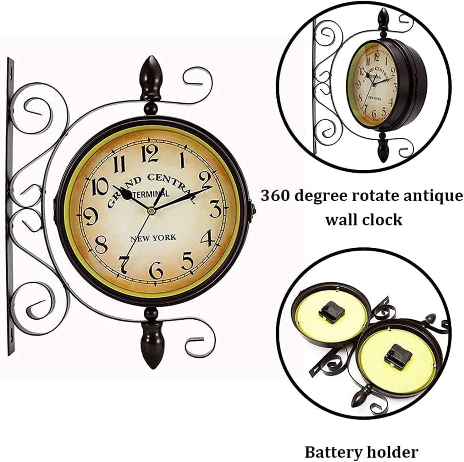 Orologio da parete da giardino, impermeabile, 40 cm, rotazione classica, double face, orologio rotondo vintage per patio, giardino, piscina o da appendere all'aperto