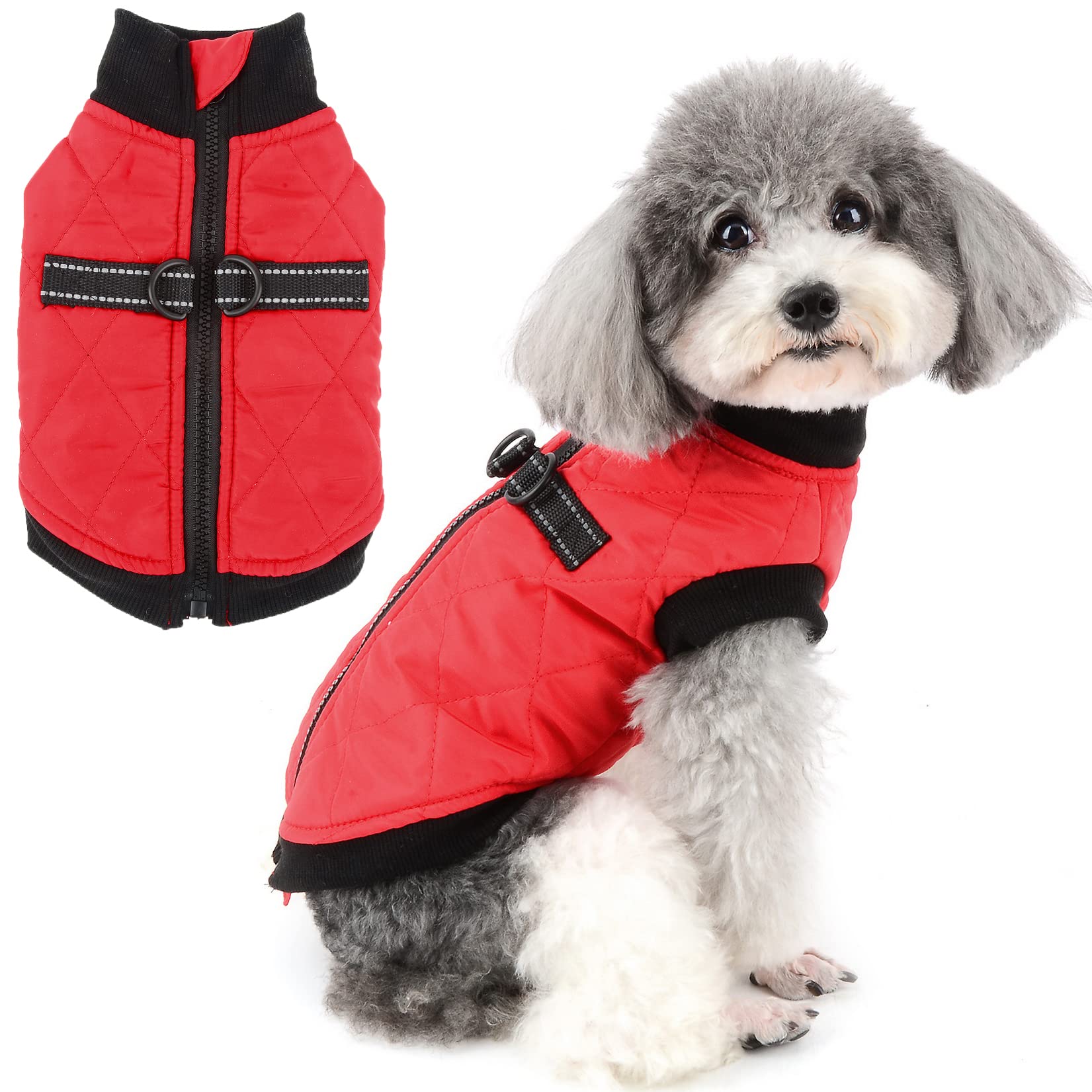 Zunea Small Dog Jacket with Harness Winter Coat Soft Warm Cotton Padded Puppy Harness Vest Clothes with Leash Rings Zipper Pet Clothing Cold Weather Outdoor Apparel for Chihuahua Girls Boys Red XL