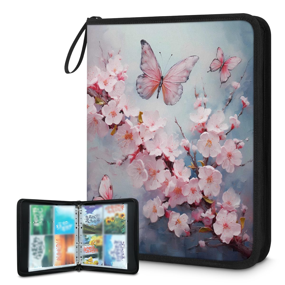 Raccoglitore per carte collezionabili con 4 tasche, rosa, farfalla e fiori, raccoglitore per carte dipinte con fiori di ciliegio, con maniche rimovibili, impermeabile, con cerniera, 50 pagine