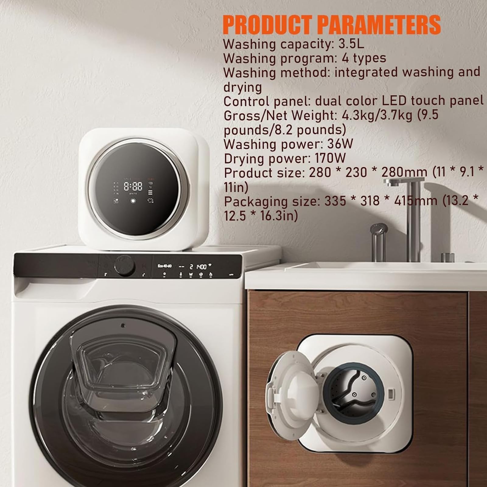 2-in-1 Mini Tragbare Wasch- und Trockner-Kombination, Fronttrommel-Design mit LCD-Panel, Wandmontage und Desktop-freundlich, 3,5 l Edelstahlwanne, Smart Touch, ideal für kleine Kleidung, Unterwäsche