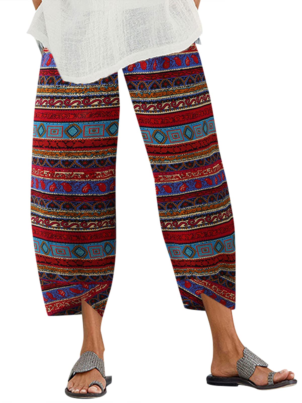 ZANZEAWomen's Casual Harem Trousers Summer Boho Retro Print Cotton Cropped Pants Loose Fit Hippie Elasticated Waist with Pockets Lounge Yoga Pants Beach Trousers