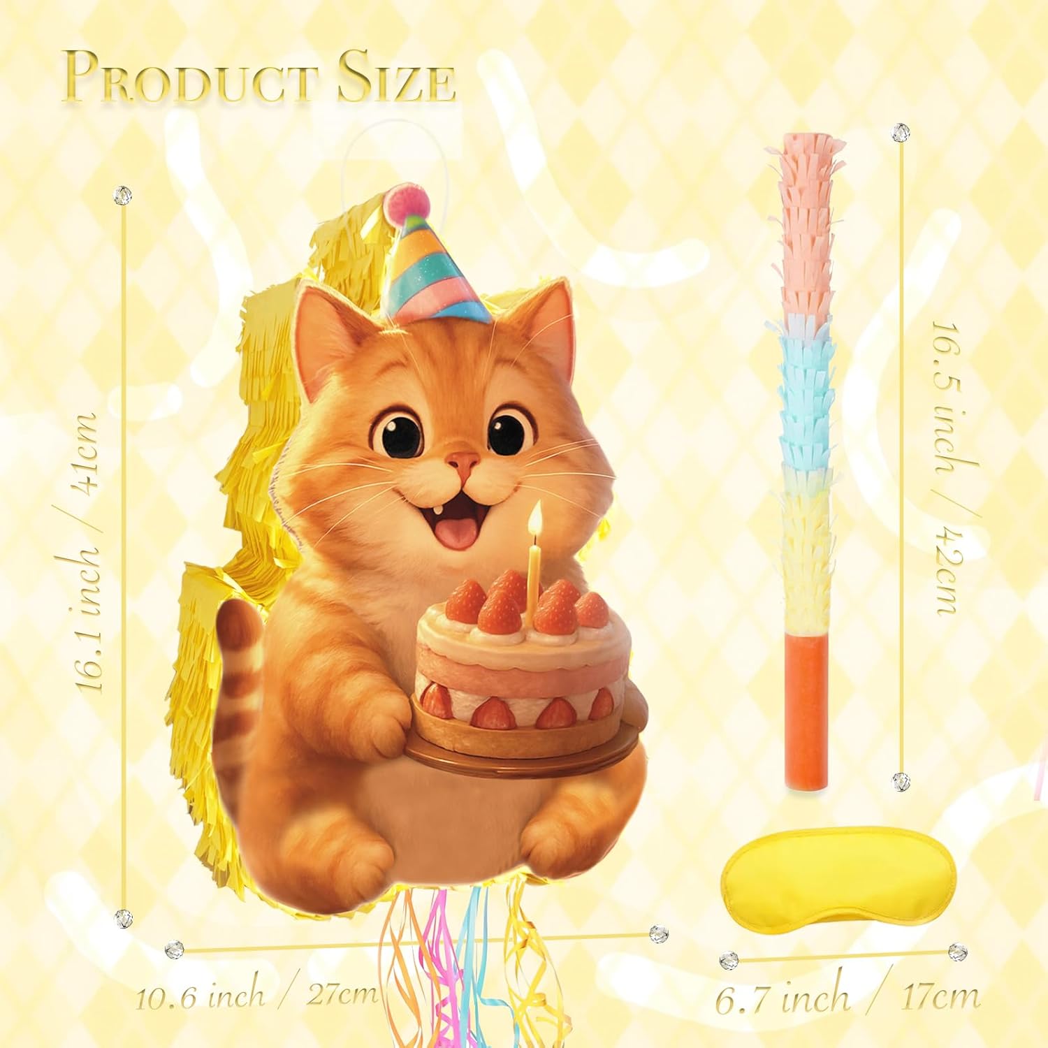 Cute Cat Piñata - Unicorn Cat Pull String Pinata with Blindfold, Bat and Confetti for Kitten Themed Birthday Party Decorations, 16.1 Inch