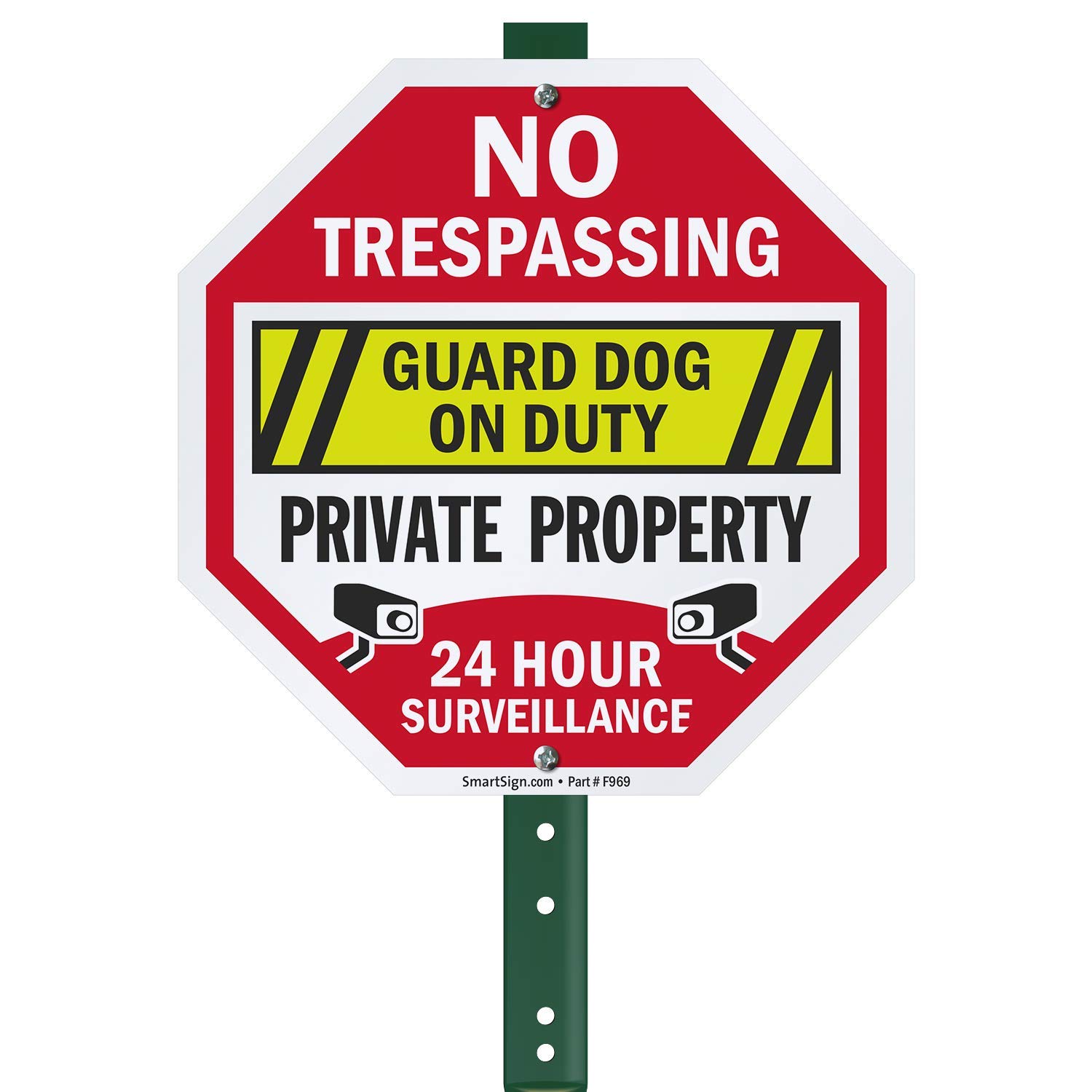 SmartSign 10 x 10 inch 'No Trespassing Guard Dog On Duty, 24 Hour Surveillance' Octagon Yard Sign with 3 ft Stake, 40 mil Aluminum 3M Laminated Engineer Grade Reflective, Set of 1, USA-Made