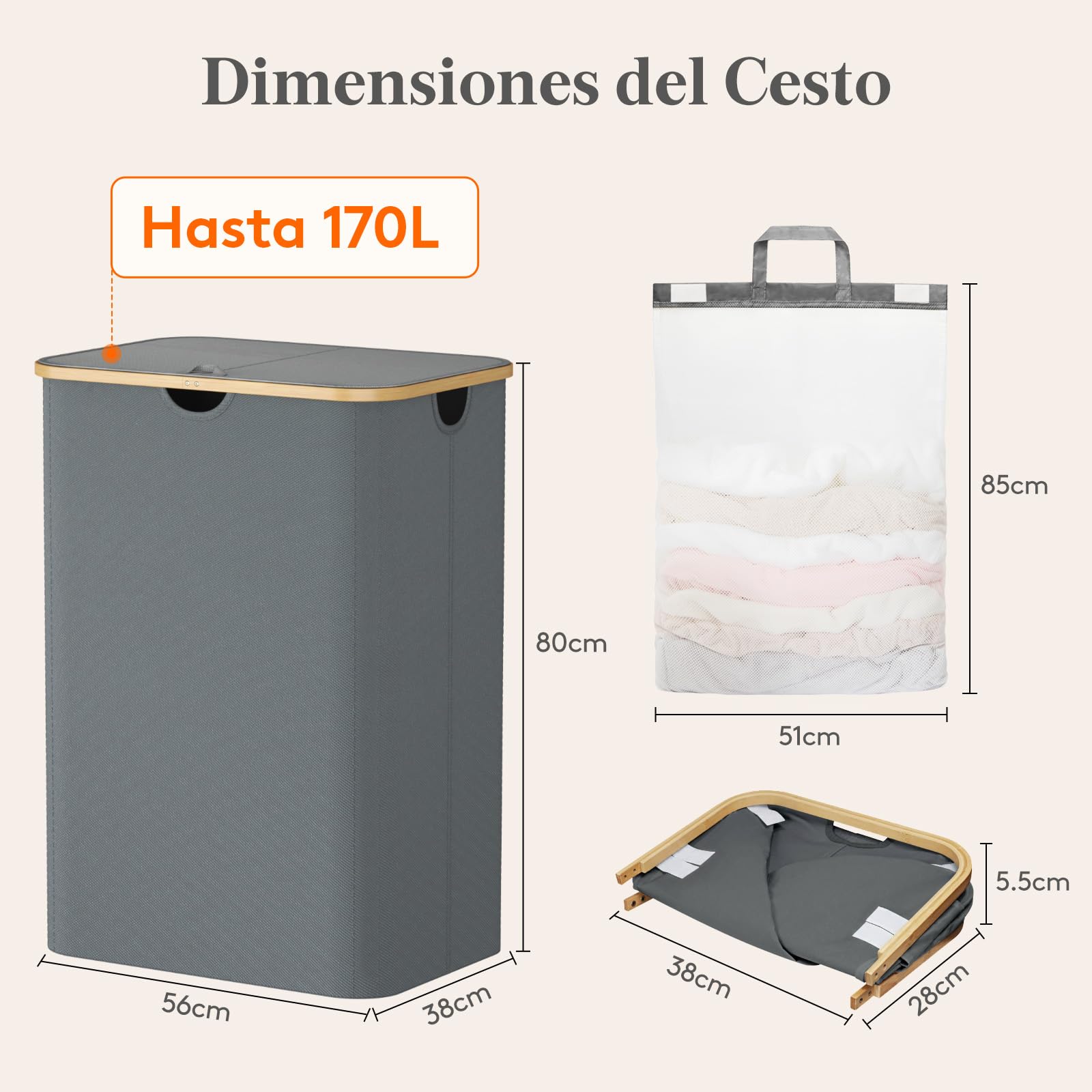 Lifewit 170L Cesto Ropa Sucia con Tapa, Grande Cesta para la Ropa Sucia con 3 Compartimientos y 3 Bolsas, Cubo Ropa Sucia para Dormitorio, Baño y Lavadero, Gris Claro