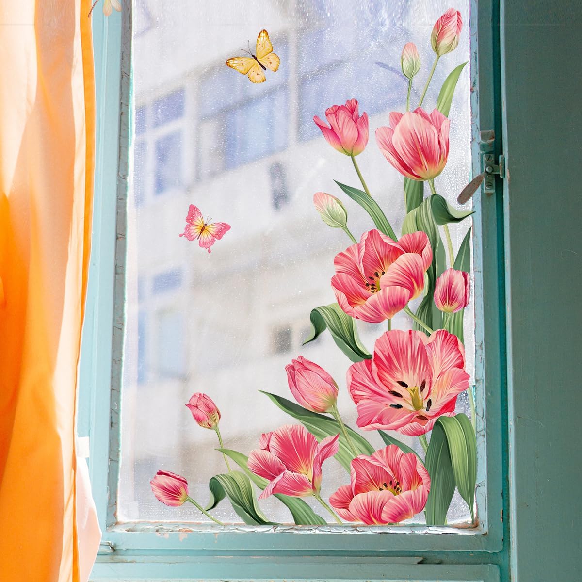 WandSticker4U® - Reusable Window Stickers Spring Tulips Red (60 x 44 cm) I Window Sticker Flowers Self-Adhesive Window Sticker Living Room Bedroom Bathroom Kitchen Window Decoration