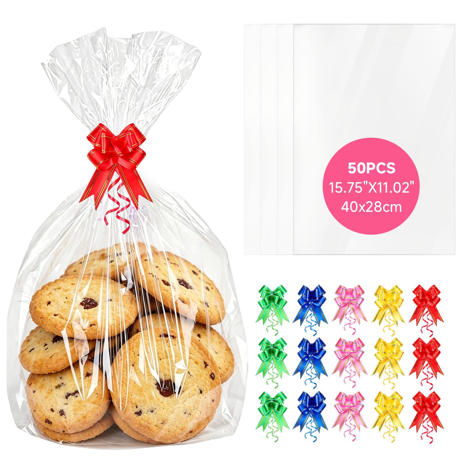 50Pcs Clear Cellophane Bags with Pull Bows, Medium Plastic Gift Wrap Bags for Sweets Cookies Party Favors, Flat Bottom Treat Bags for Easter Christmas Birthday Hamper Making (Clear)