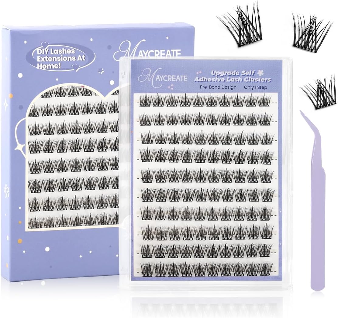 100Pcs Self Adhesive Eyelashes, Self Adhesive Eyelash Clusters, Lash Cluster Press On Lashes Stick Cluster Lashes Pre Glued Eyelash Clusters with Tweezer No Glue Needed, 11-13mm