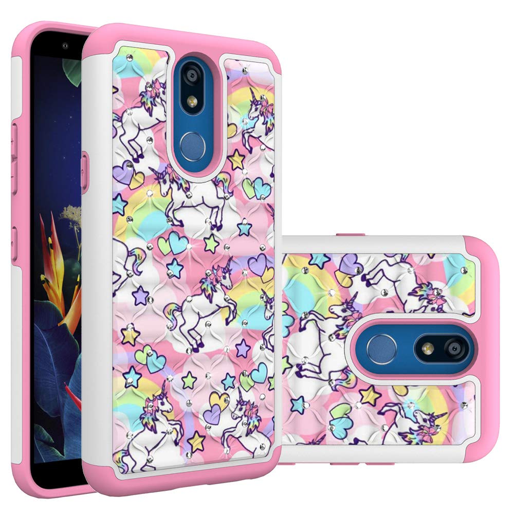 Compatible for LG K40 / LG Solo LTE/LG Harmony 3 / LG K12 Plus/LG X4 2019, Rainbow Unicorn Design Heavy Duty Studded Rhinestone Crystal Bling Hybrid Case Silicone Armor for Girls Women