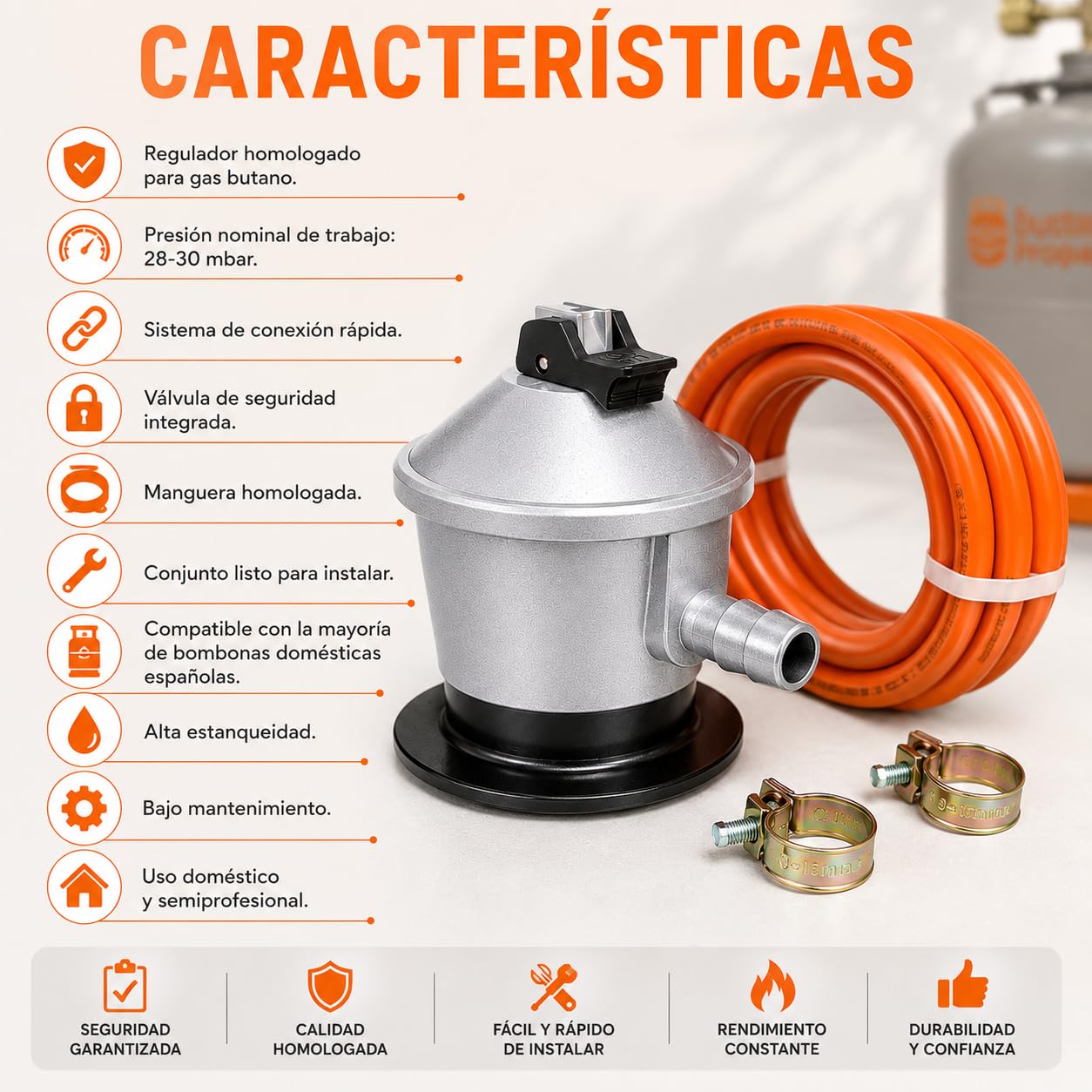 CABLEPELADO Kit Regulador Gas Butano con Valvula de Seguridad, Kit Regulador Gas, Kit regulador butano, Incluye Manguera de 1.50 metros y 2 Abrazaderas, Compatible con Butano, Propano, GLP