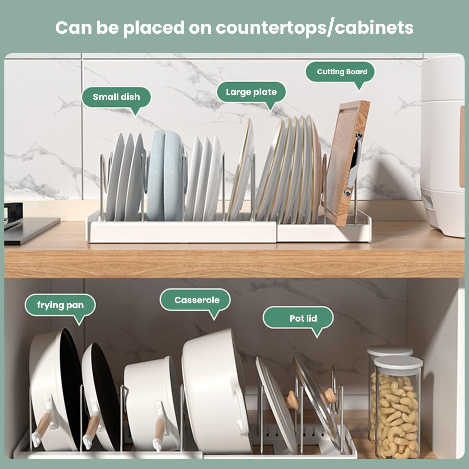 Wysuwany Organizer Na Garnki I Patelnie, Uchwyt Na Pokrywki Pod Szafką Kuchenną, Wysuwany Uchwyt Na Pokrywki I Patelnie Z 8 Regulowanymi Przegródkami Do Naczyń,White-2pack