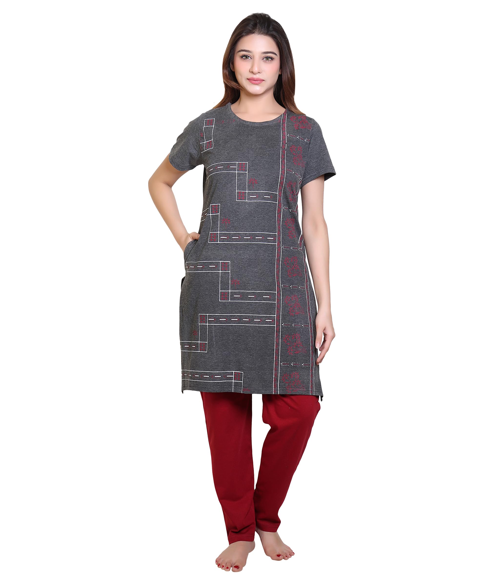 grand line Women's Cotton Printed Half Sleeves Kurta and Pyjama with Pocket Night Suit Set with Diffrent Colours & Elegant Design P9-picture-34