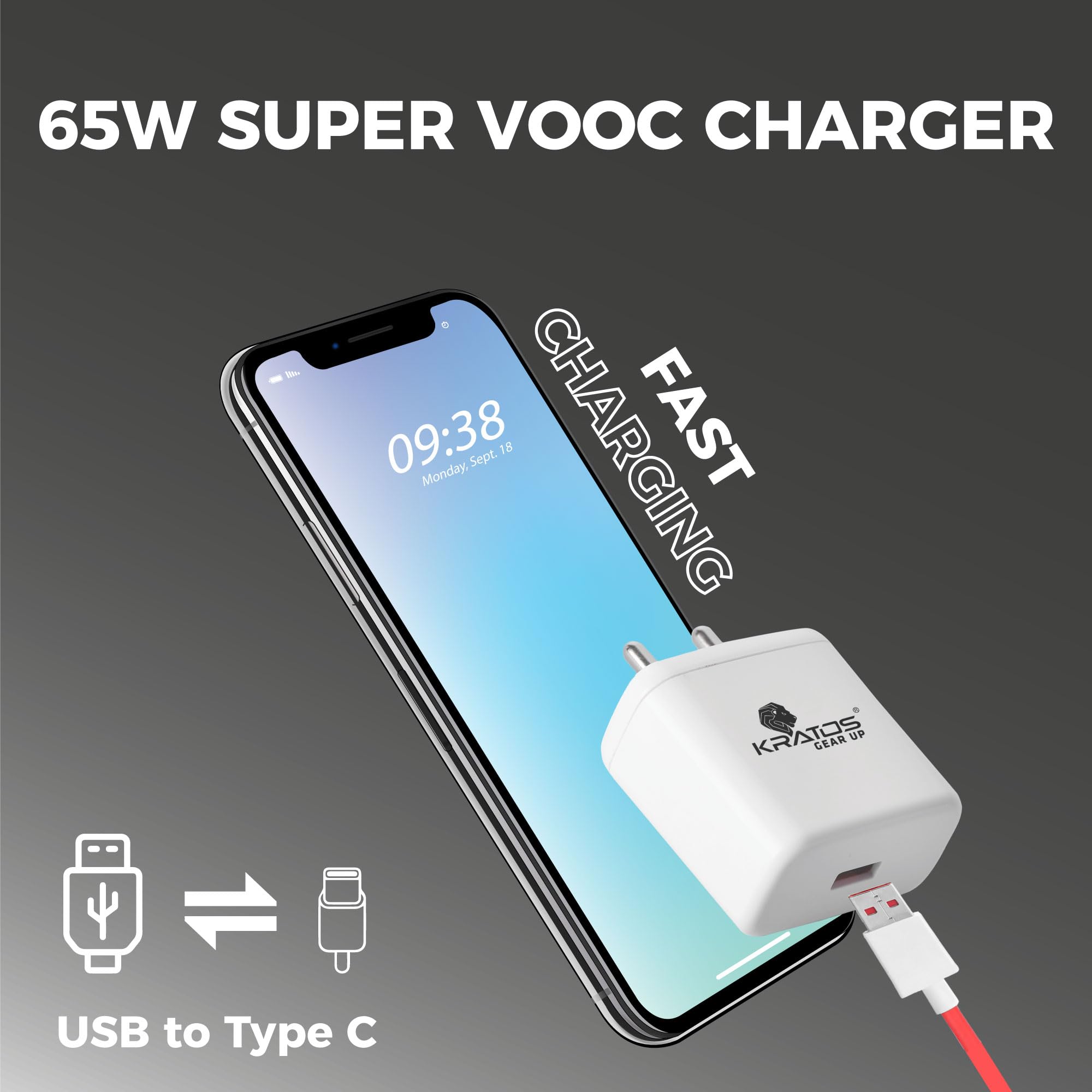Kratos 65W Fast Charger Adapter & USB-A to Type C Cable Combo, Compatible with OnePlus, Realme, Xiaomi, Redmi, Oppo, Vivo & Other Smartphones, Type C Charger Supports Dash, Warp, Vooc,SuperVooc 1