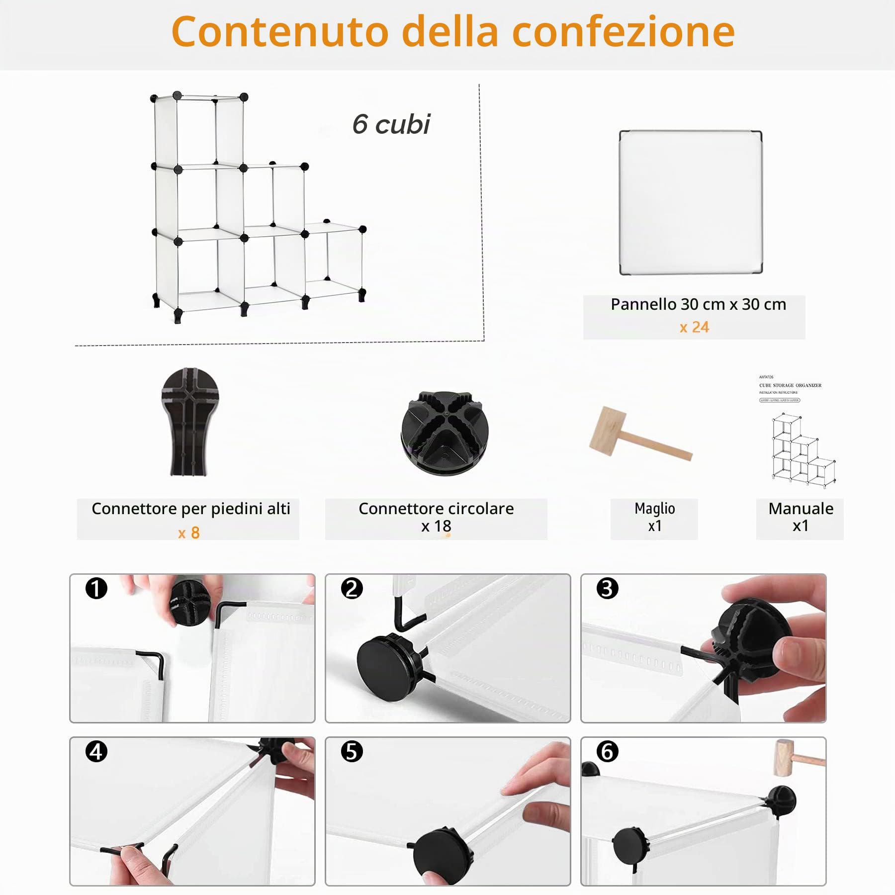 AWTATOS Organizer per armadio, modulare, 6 cubi, in plastica, per fai da te, libreria, vestiti, per casa, camera da letto, soggiorno, ufficio, bianco trasparente