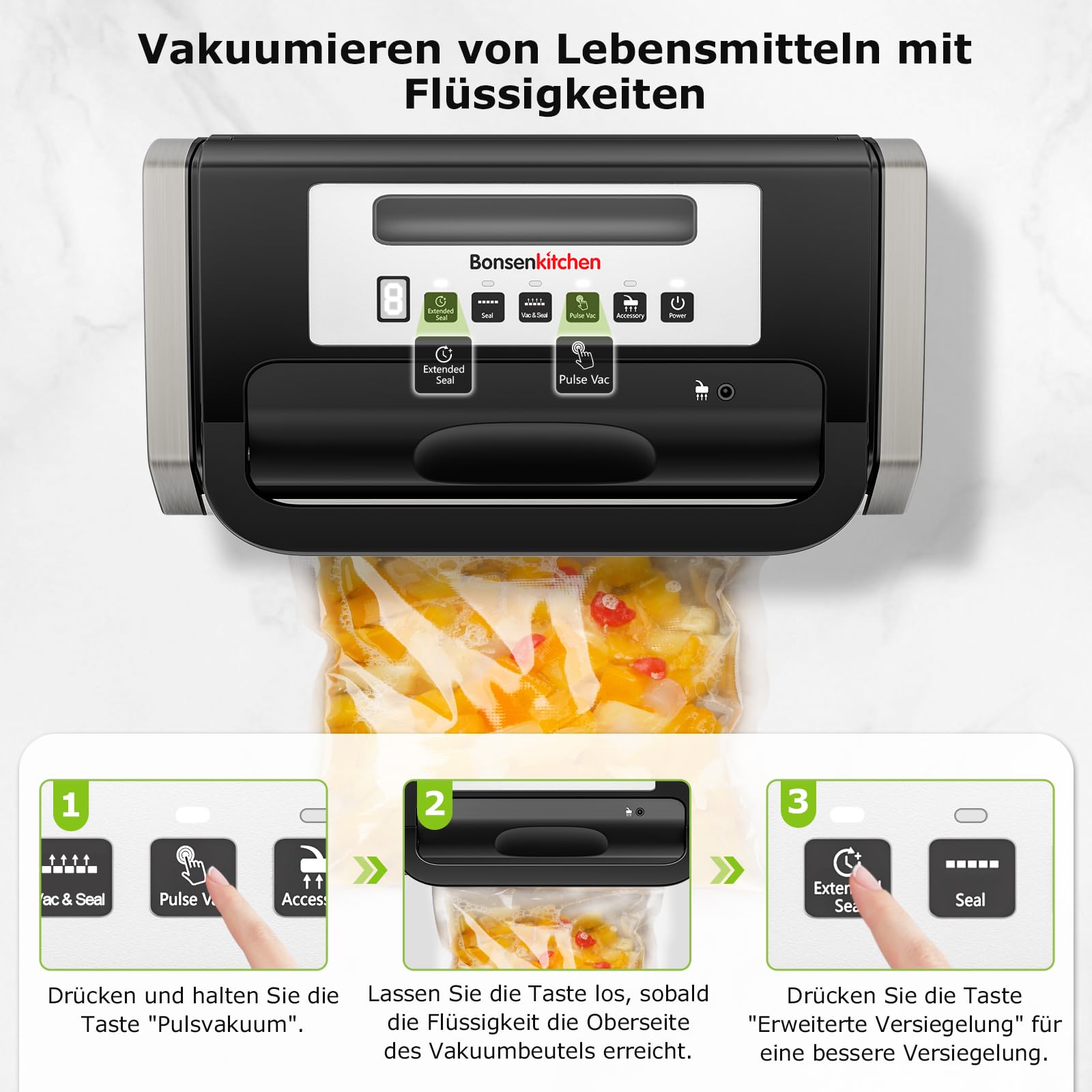 Bonsenkitchen Vakuumiergerät 15L/Min Hochleistung Testsieger Sehr Gut Design mit Griffverriegelung und Integrierter Schneider Schwarz