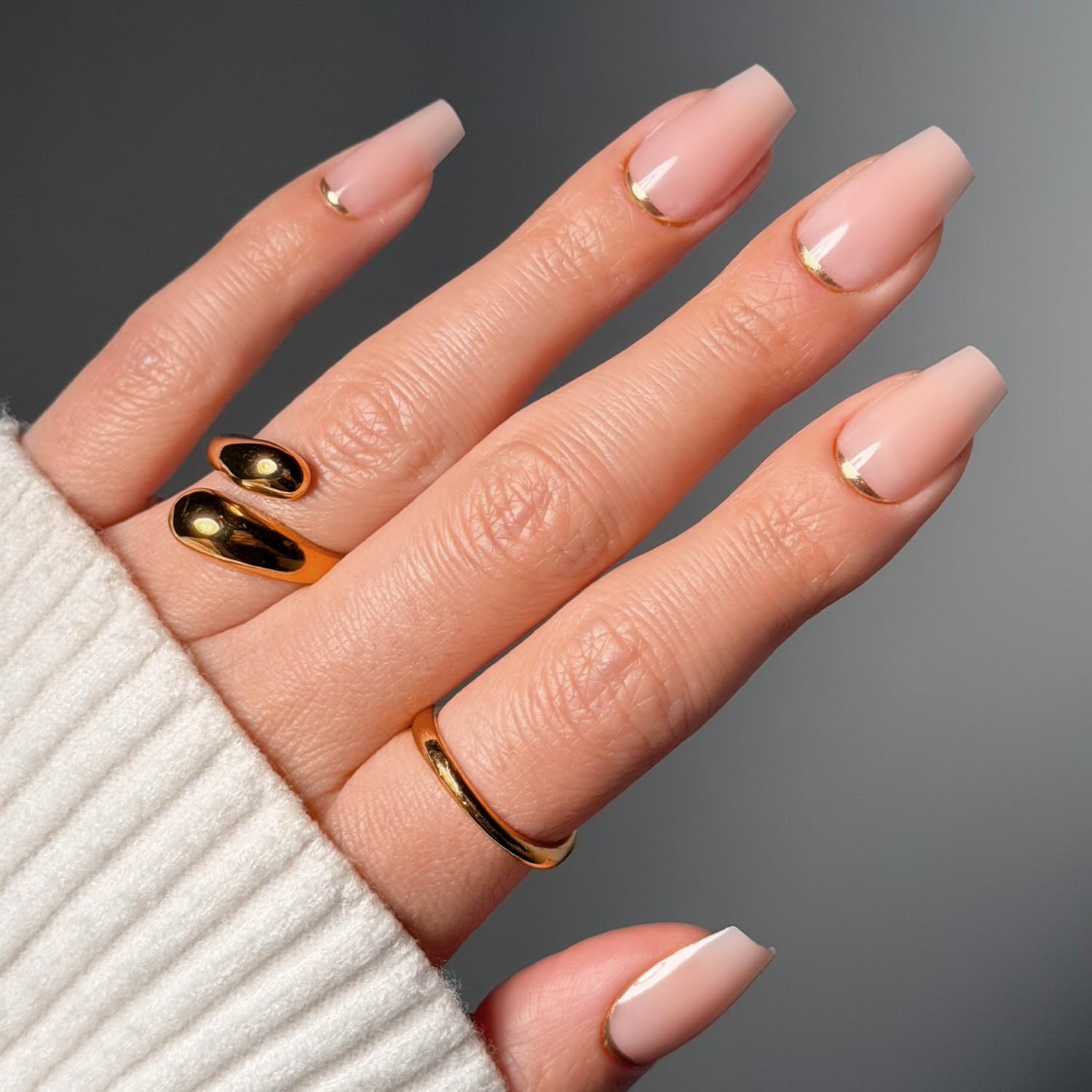 Glamnetic Press On Nails – Gold Goals | Medium Coffin Neutral Fake Nails with Gold Reverse French Tip, Salon Quality Nude Nails | 15 Sizes – 30 Nail Kit with Glue