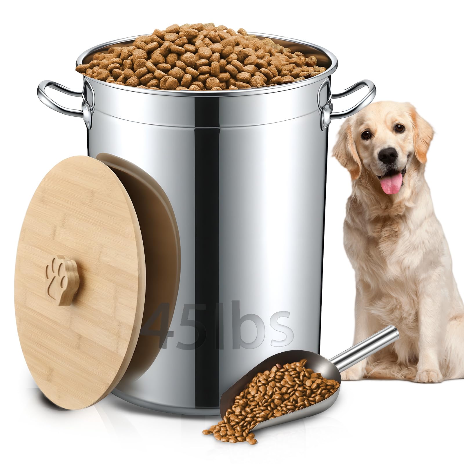 Maxdot 45 Lbs Stainless Steel Food Storage Container for Dog with Airtight Bamboo Lid Spoon &amp; Wooden Claw Handle, Large Metal Pet Food Bin to Keep Fresh Easy Clean &amp; Use for Dog Multiple Pet