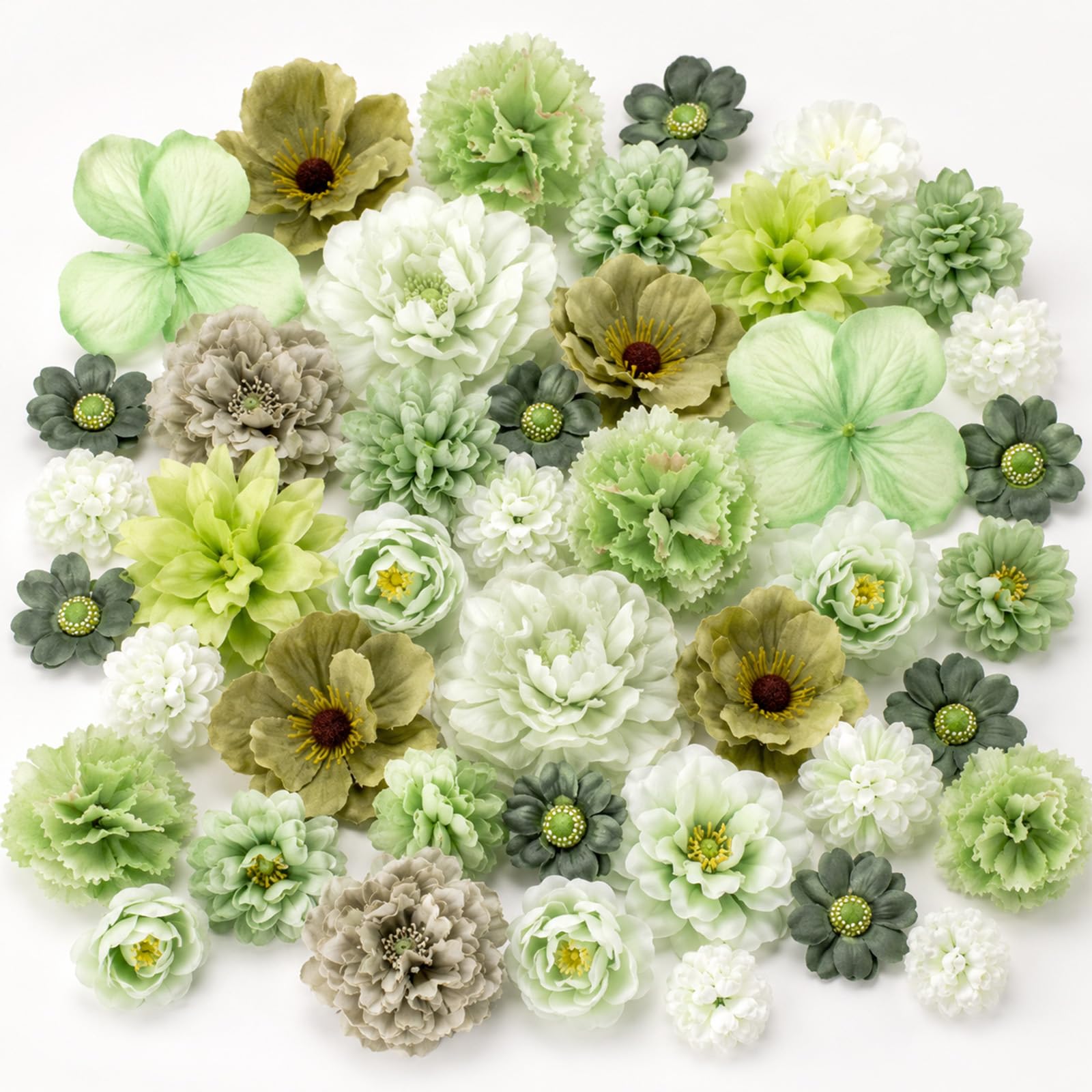 Komergave 50 PCS Artificial Flowers Heads Silk Faux Flowers that Look Real Mini Flower Cake Decorations DIY Craft Flower for Weddings and Cake Toppers (Green)