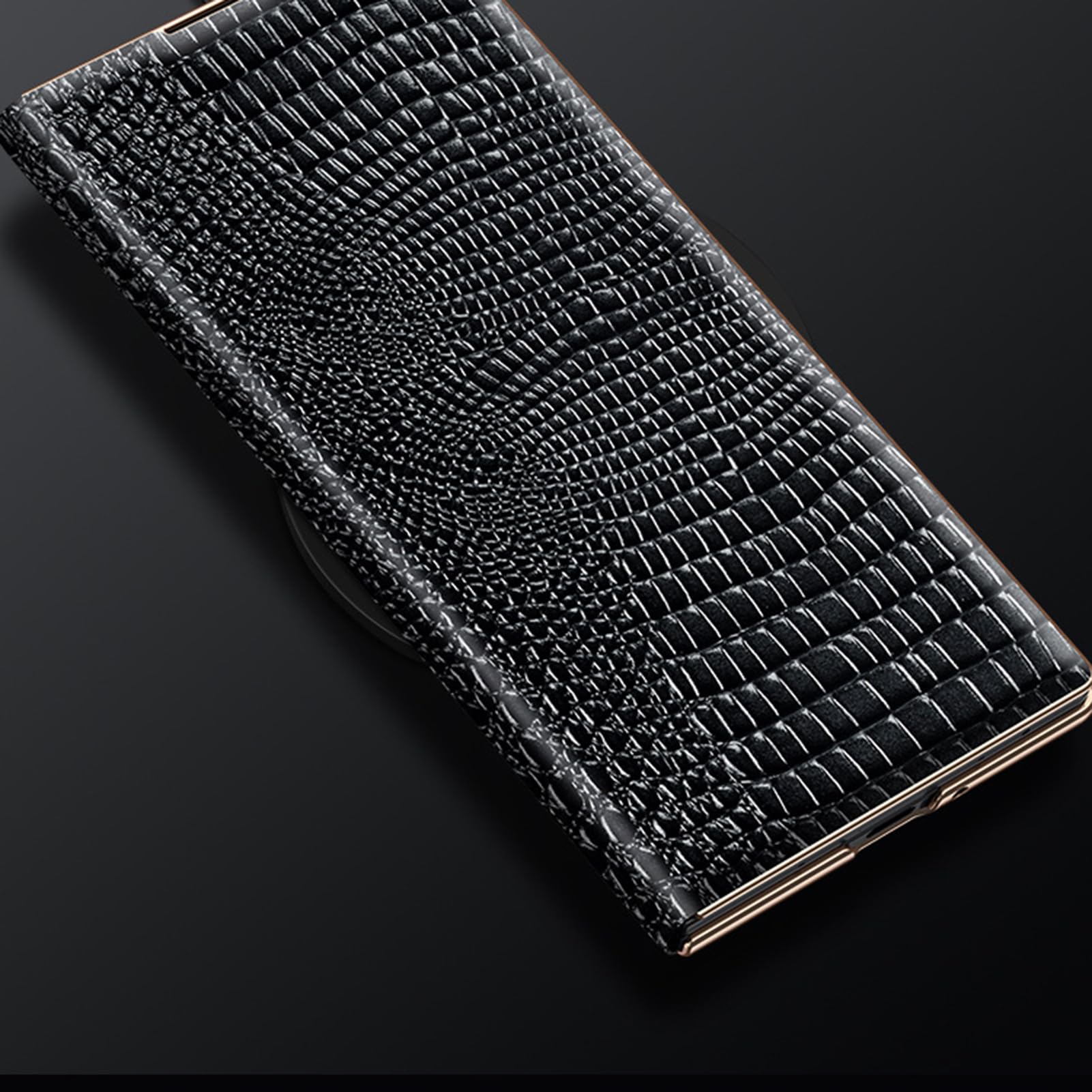 Funda Enchapada For Samsung Galaxy Z Fold 8 Ultra, Cuero Genuino Textura De Cocodrilo Cubierta De Borde Dorado Protección De La Cámara Forro De Fibra con Tapa Carcasa Antirrayas(Black)
