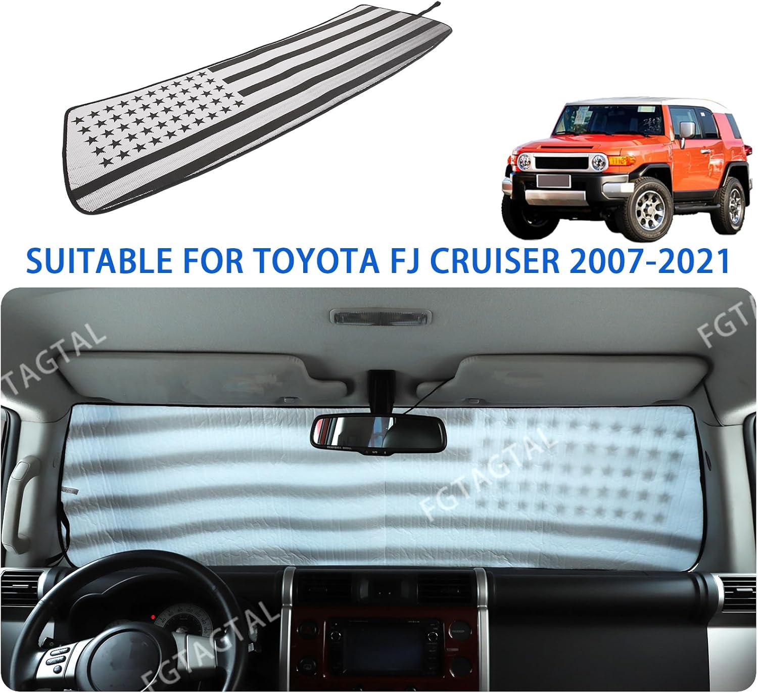 Windshield Sunshade Fit for Toyota FJ Cruiser 2007-2021, Folding Car Sun Shade for Front Window, Auto Sun Protection Visors Blocks UV Rays and Keeps Vehicle Cool, 1PC, American Flag Pattern