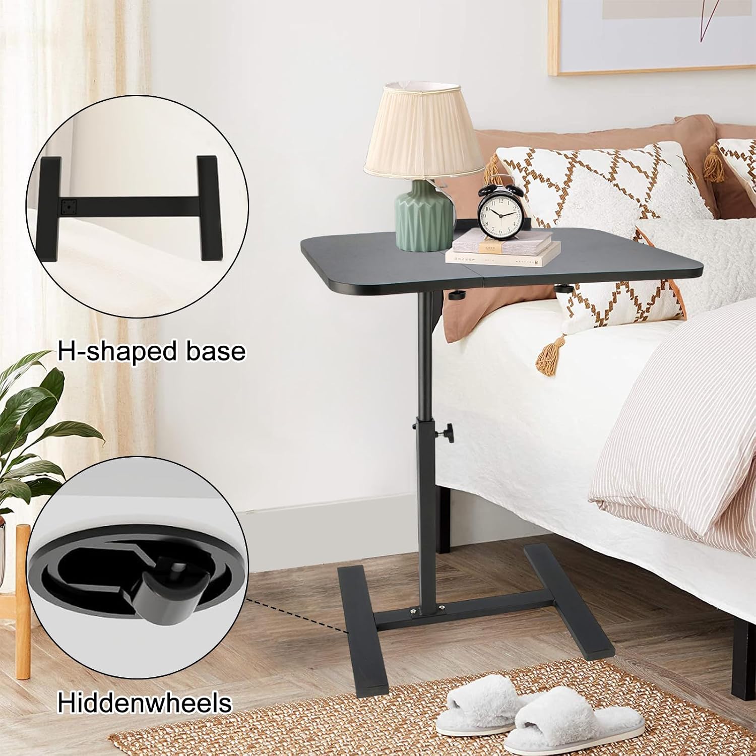 Simcat Height Adjustable Overbed Bedside Table with Wheels, Rolling Mobile Laptop Computer Standing Desk Cart with Tray Hospital/Home Use (Black Frame)