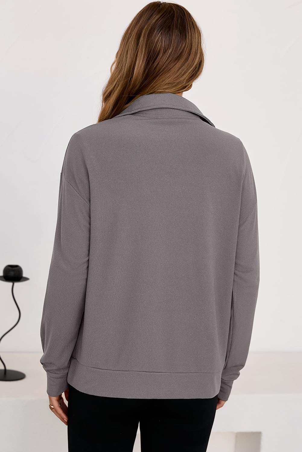 Dokotoo Womens Sweatshirt Waffle Knit Long Sleeve Lapel Half Zip Up Casual Lightweight Soft Sweatshirts Loose Pullover Tops - Image 3