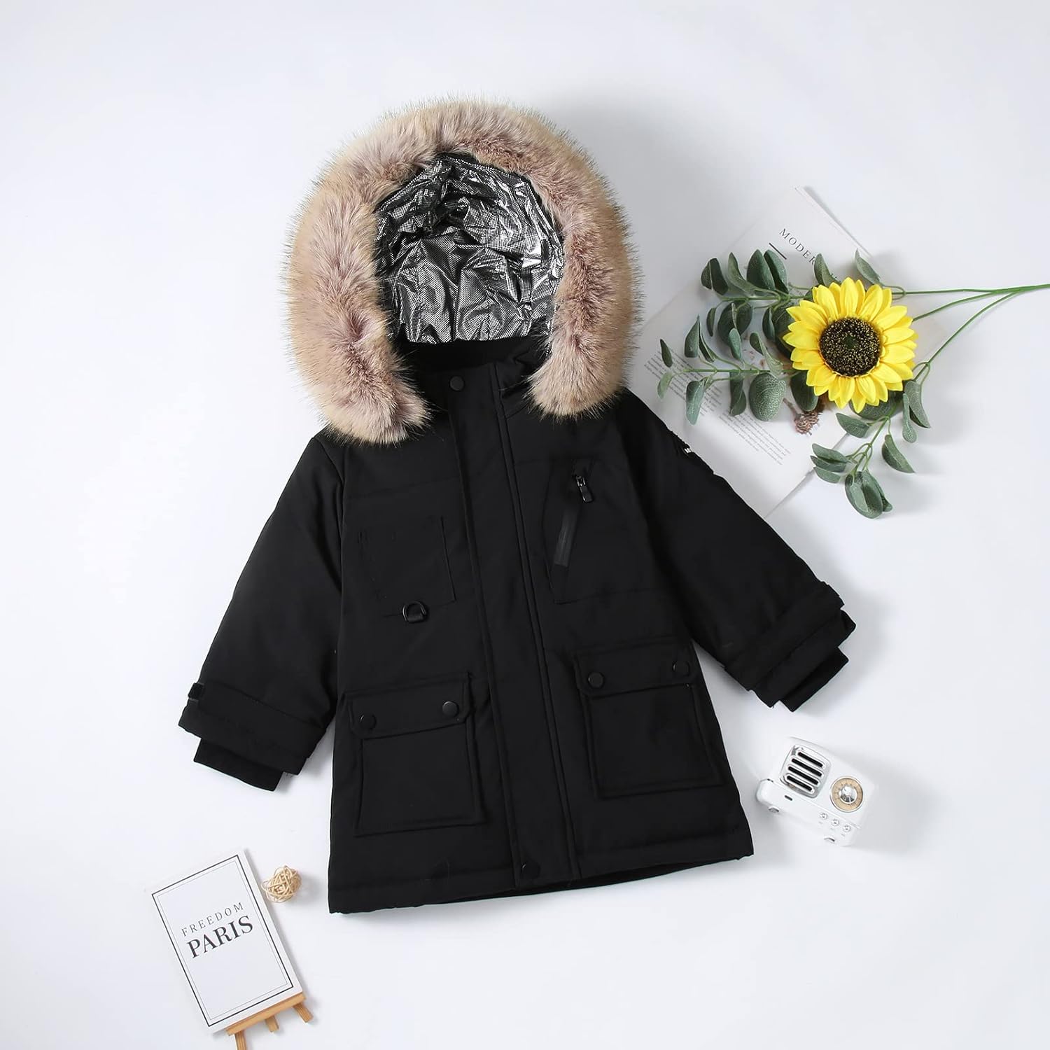 Girls Boys Winter Jacket Kids Hooded Down Coats Warm Cotton Jacket Overcoat Outwear (Black, 5-6 Years)