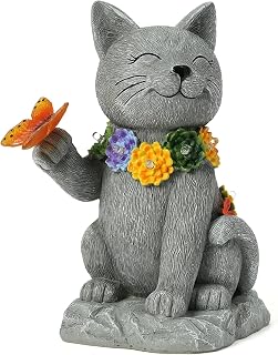 Outdoor Solar Cat Garden Statue - with LED Flowers and Butterfly Yard Art, Suitable for Lawn Decoration, Porch,Yard Decorations Outdoor, Birthday Gift for Mother, Grandmother, or Women
