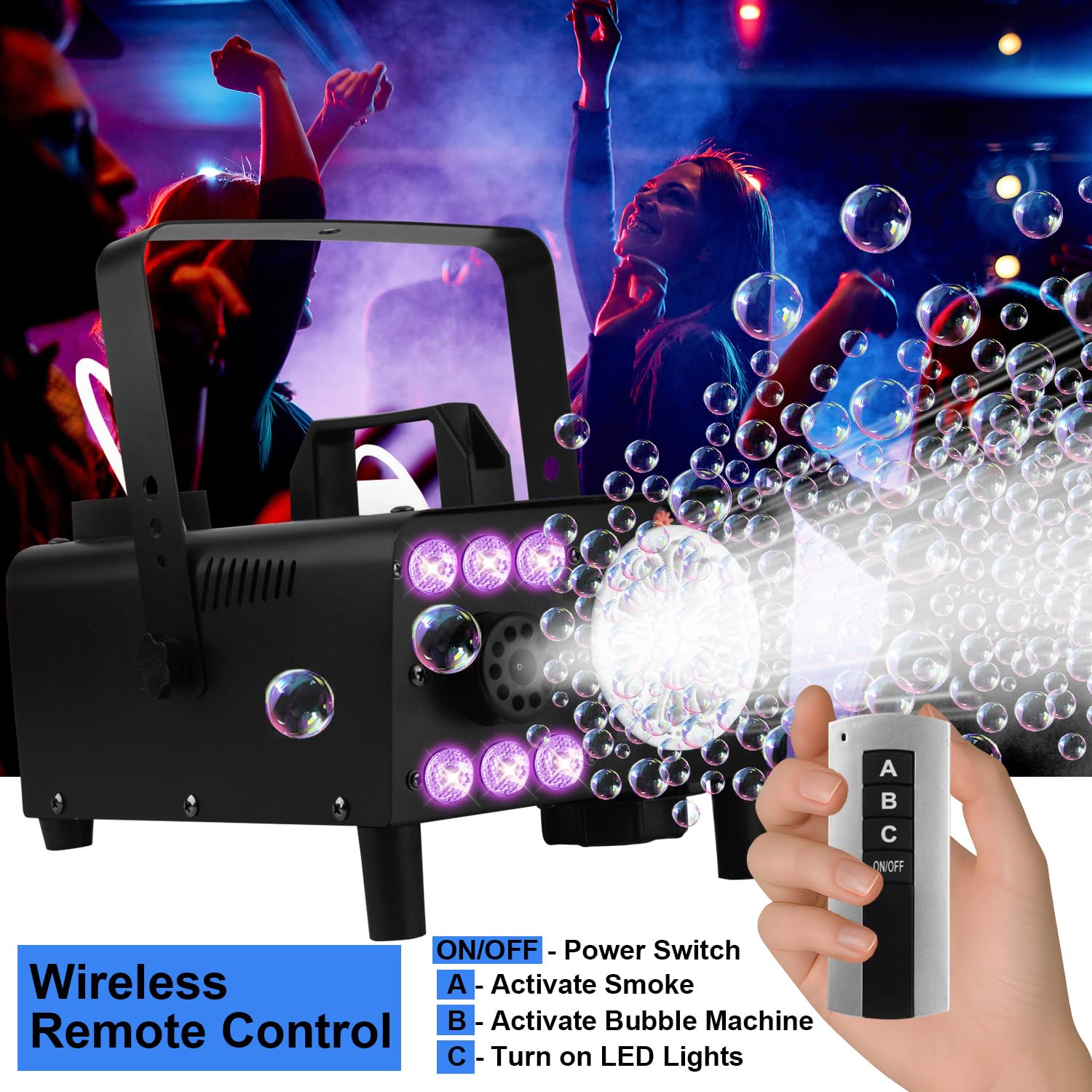 Macchina per bolle di fumo 3 in 1 con luci a LED e telecomando wireless, soffiatore per bolle, illuminazione RGB per feste, matrimoni, Halloween, Natale