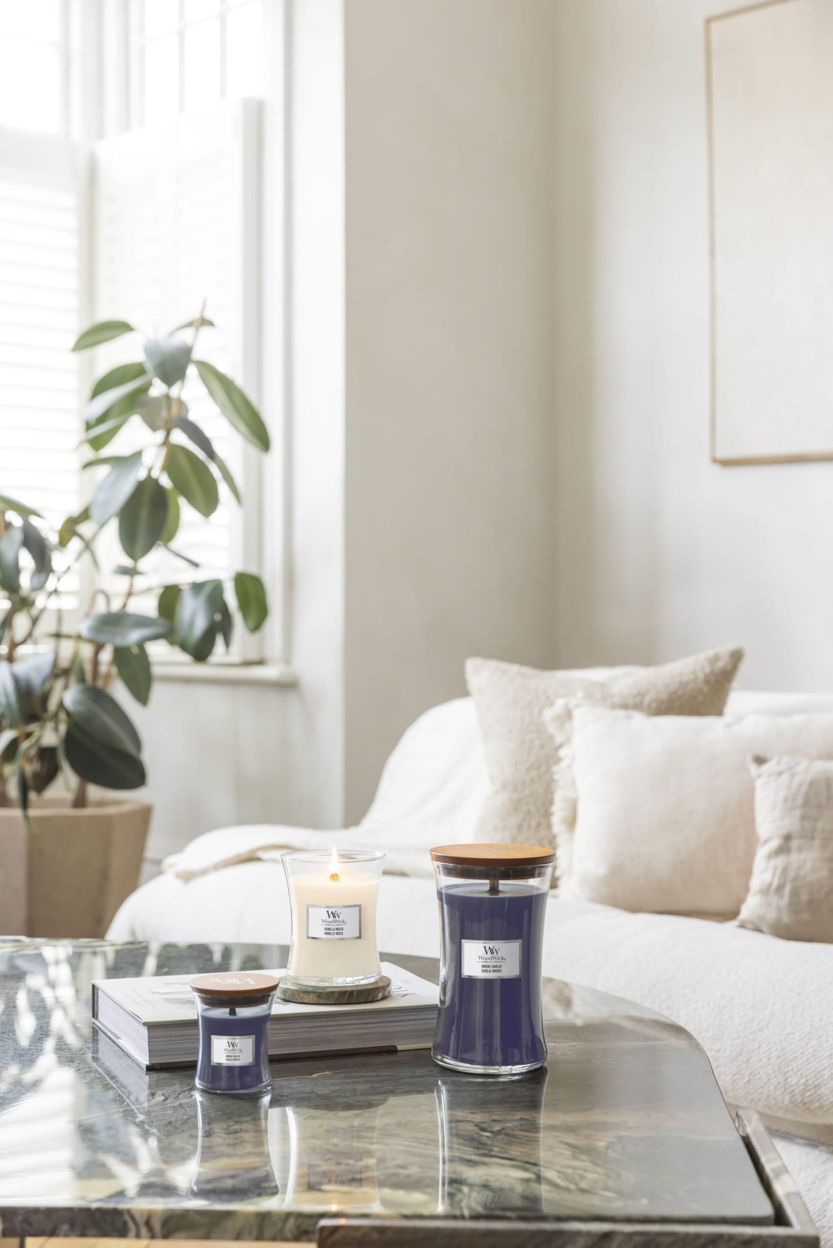 Candela WoodWick Clessidra Grande | Profumo Hinoki Dahlia | 18cm | Design Moderno E Organico - Foto 8