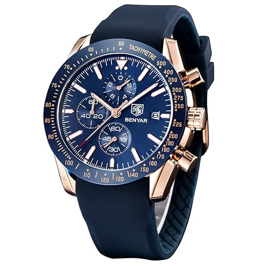 Relógio masculino BENYAR com movimento de quartzo, cronógrafo 30 m, à prova d'água, luminoso, casual, esportivo, negócios, couro, Dourado, azul, Esportivo