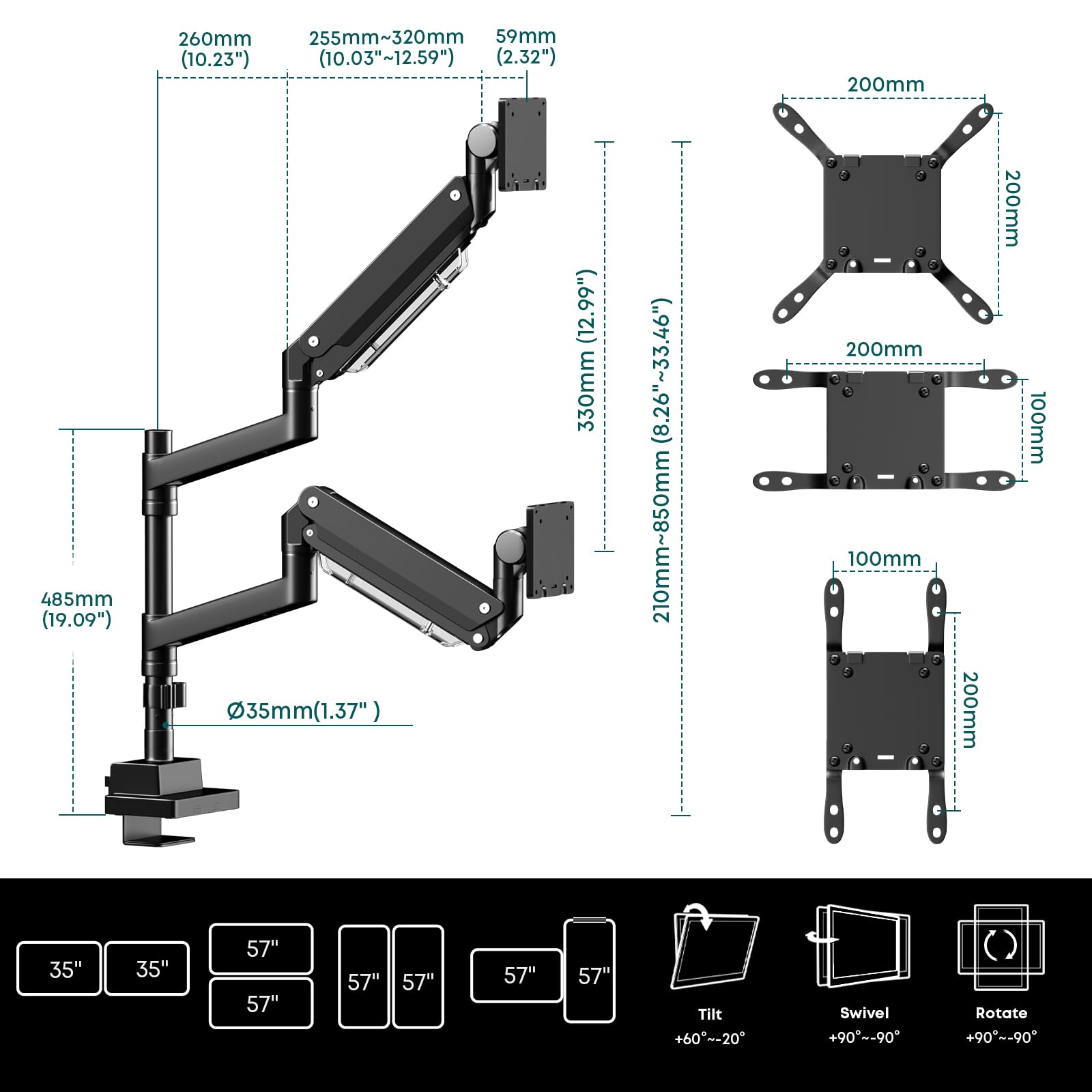Uchwyt do monitora 2 monitory do ekranu 24-57" – sprężyna gazowa Dual Monitory uchwyt stołowy z regulacją wysokości, wychylny uchwyt do monitora, waga 2-27 kg na ramię, VESA 75/100/200 mm, czarny